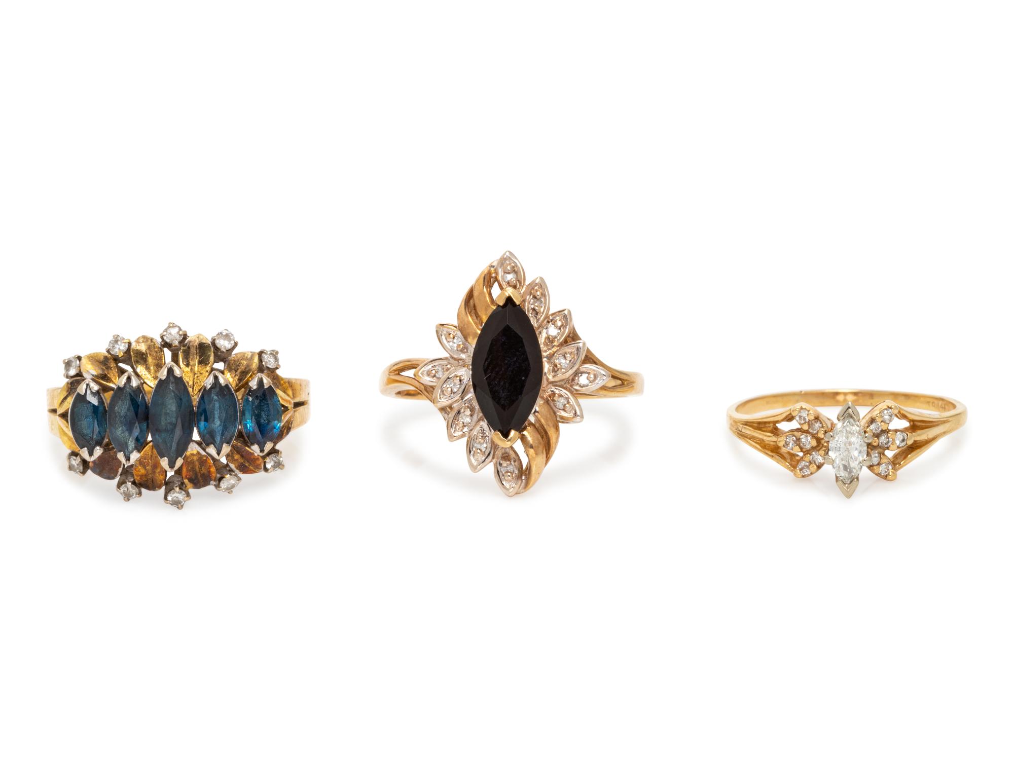 A Collection of Yellow Gold, Sapphire and Diamond Rings,