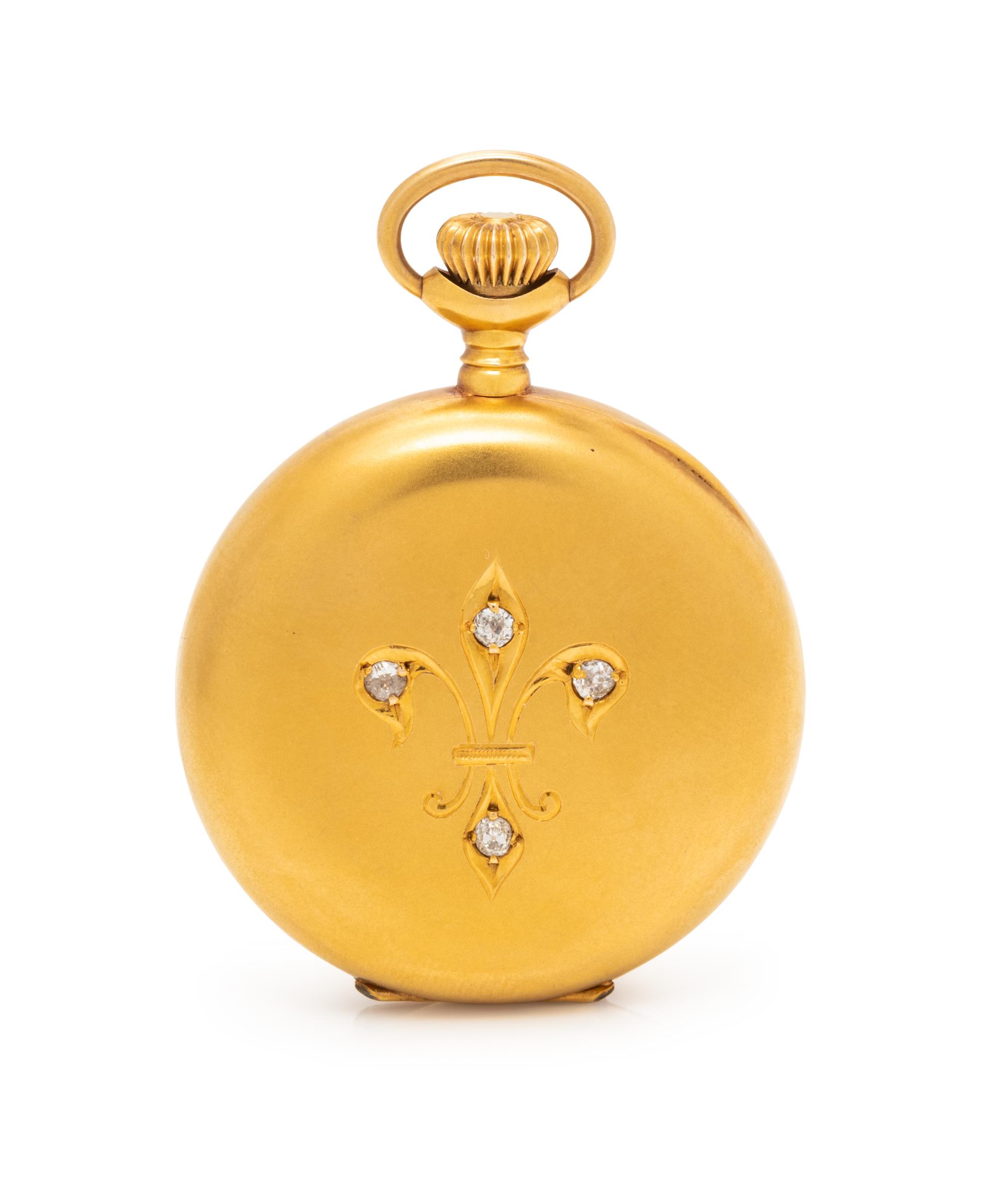 WALTHAM, 14K YELLOW GOLD AND DIAMOND HUNTER CASE POCKET WATCH