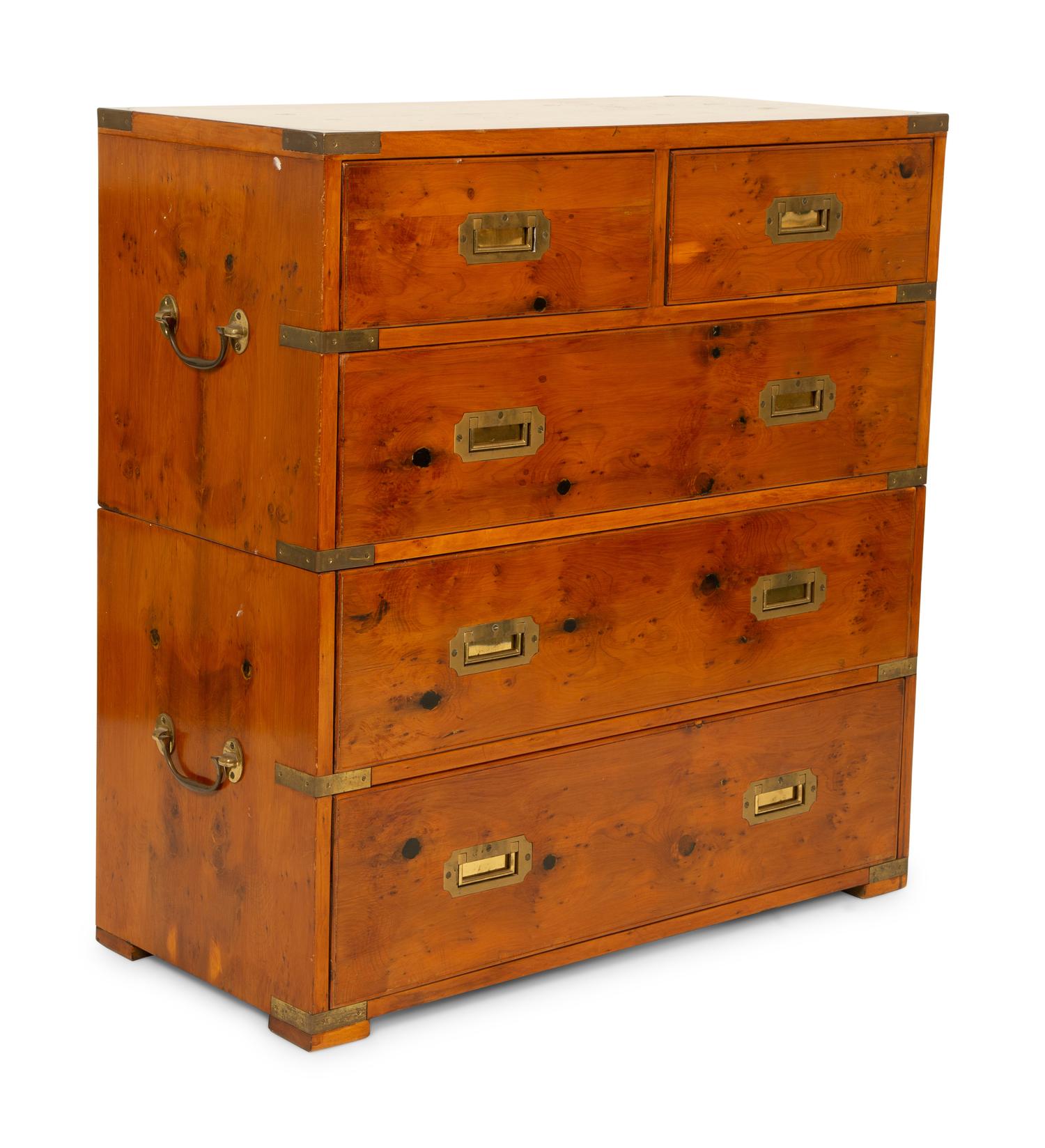 An English Burl Yew and Walnut Brass Mounted Two-Part Campaign Chest of Drawers — 20TH CENTURY