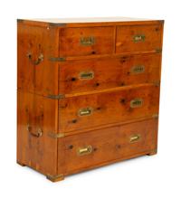An English Burl Yew and Walnut Brass Mounted Two-Part Campaign Chest of Drawers — 20TH CENTURY