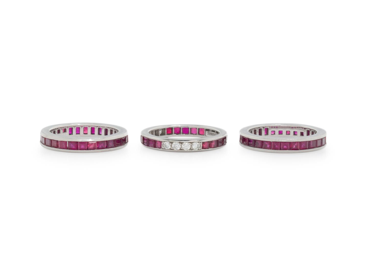 TIFFANY & CO., COLLECTION OF PLATINUM, RUBY, AND DIAMOND ETERNITY BAND RINGS