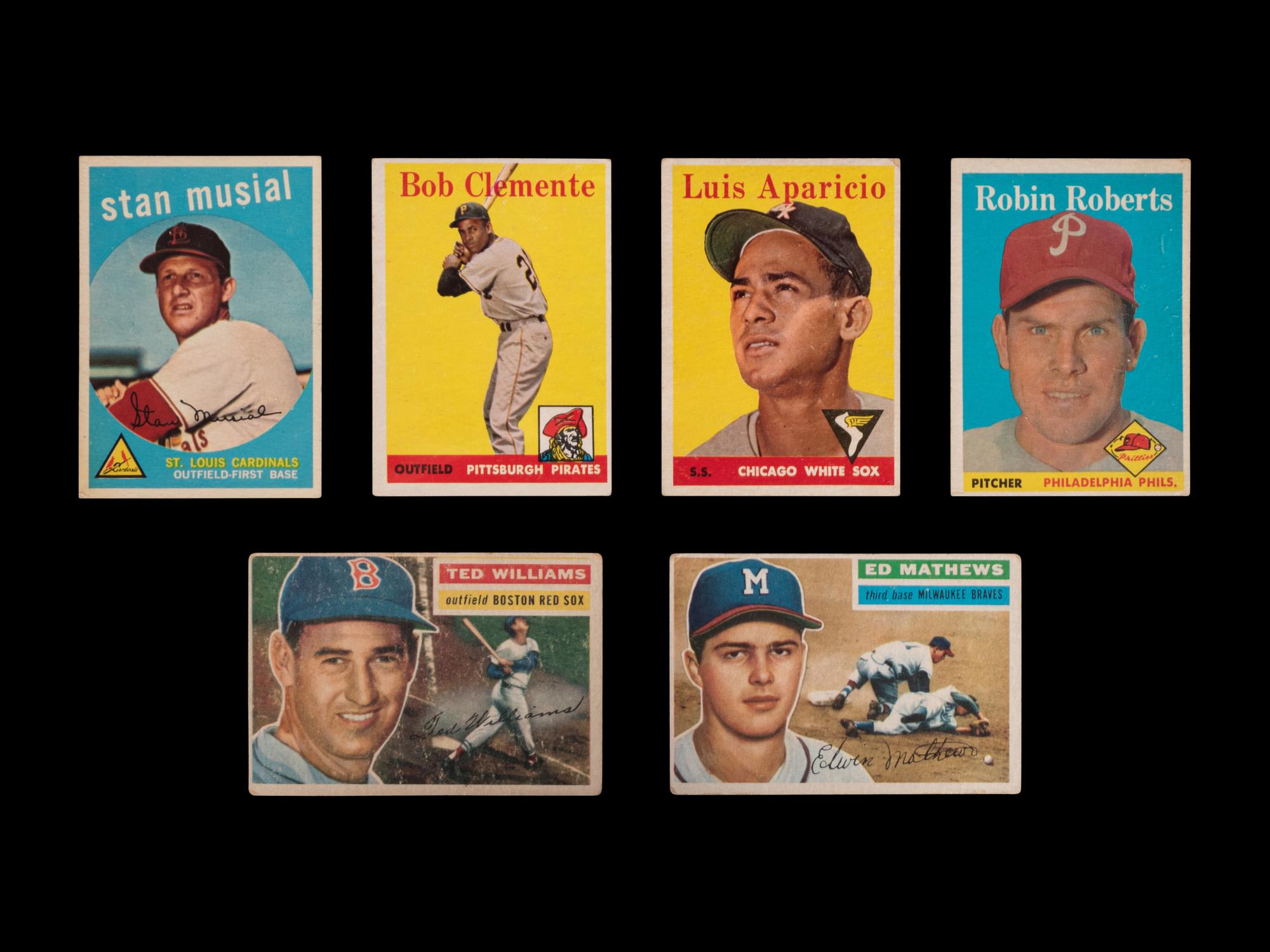 A Group of Assorted 1956, 1958, 1959, 1961, 1962 Topps Baseball Cards Including Ted Williams and Roberto Clemente,