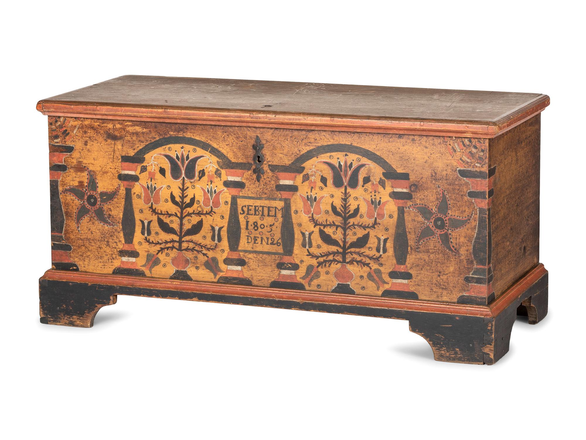 A Chippendale Grain and Polychrome Paint Decorated Pine Blanket Chest