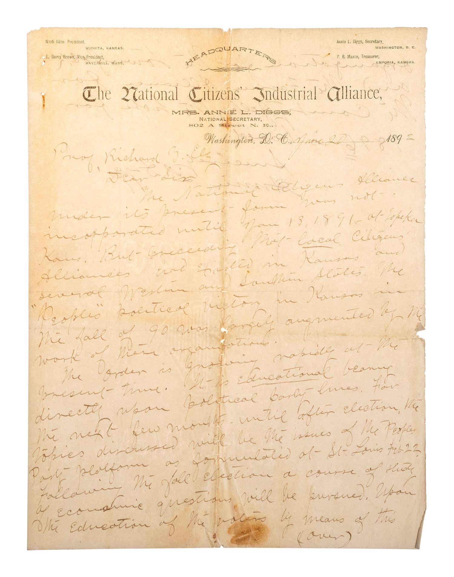 [LABOR]. A group of ephemera and pamphlets related to the labor movements of the late 19th and early 20th centuries, including an autograph letter signed by Annie LePorte DIGGS.