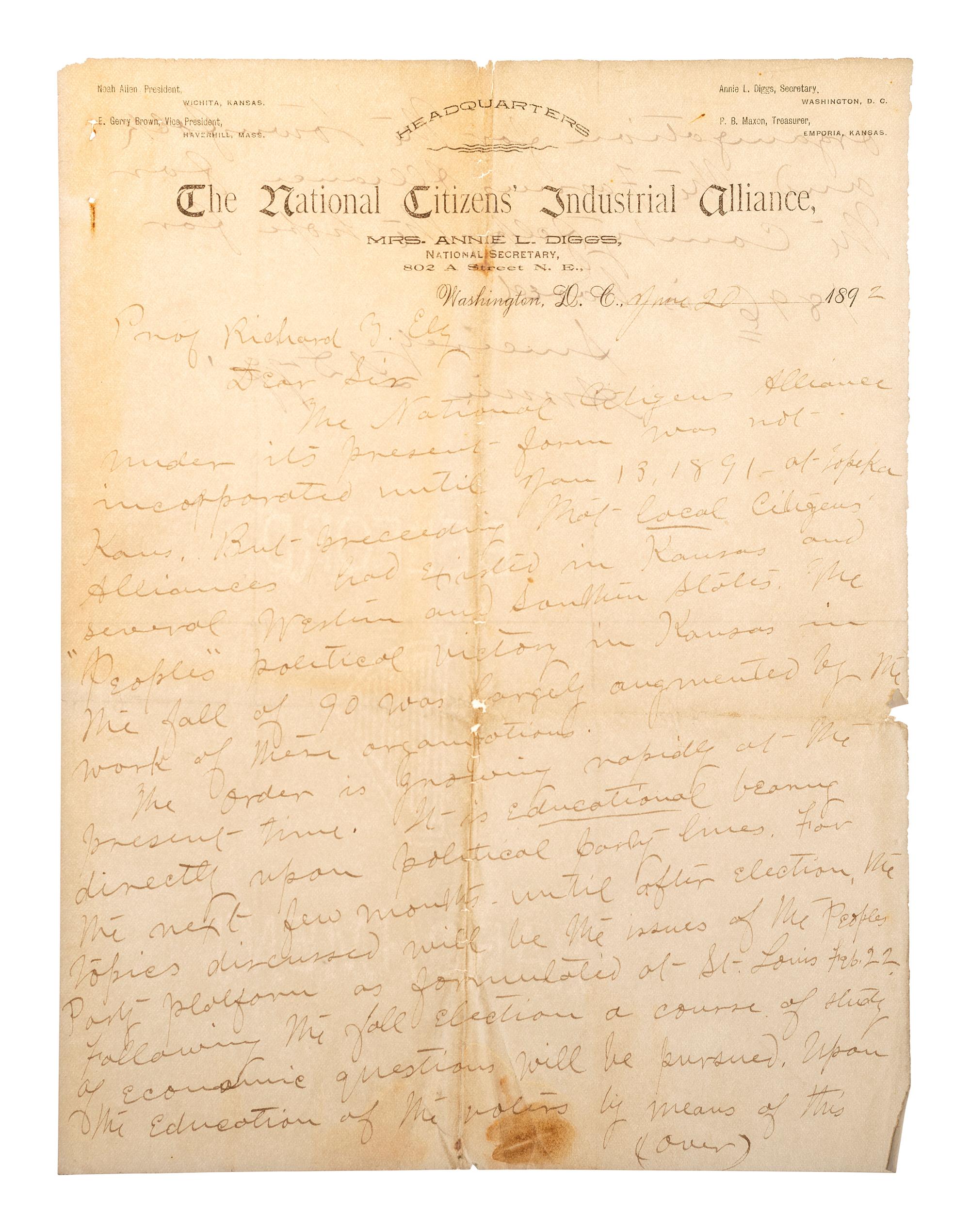 [LABOR]. A group of ephemera and pamphlets related to the labor movements of the late 19th and early 20th centuries, including an autograph letter signed by Annie LePorte DIGGS.