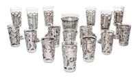An Assembled Set of Mexican Silver Stemware, 20th Century, comprising 6 stems and 10 cordials with pierced and incised foliate decorati
