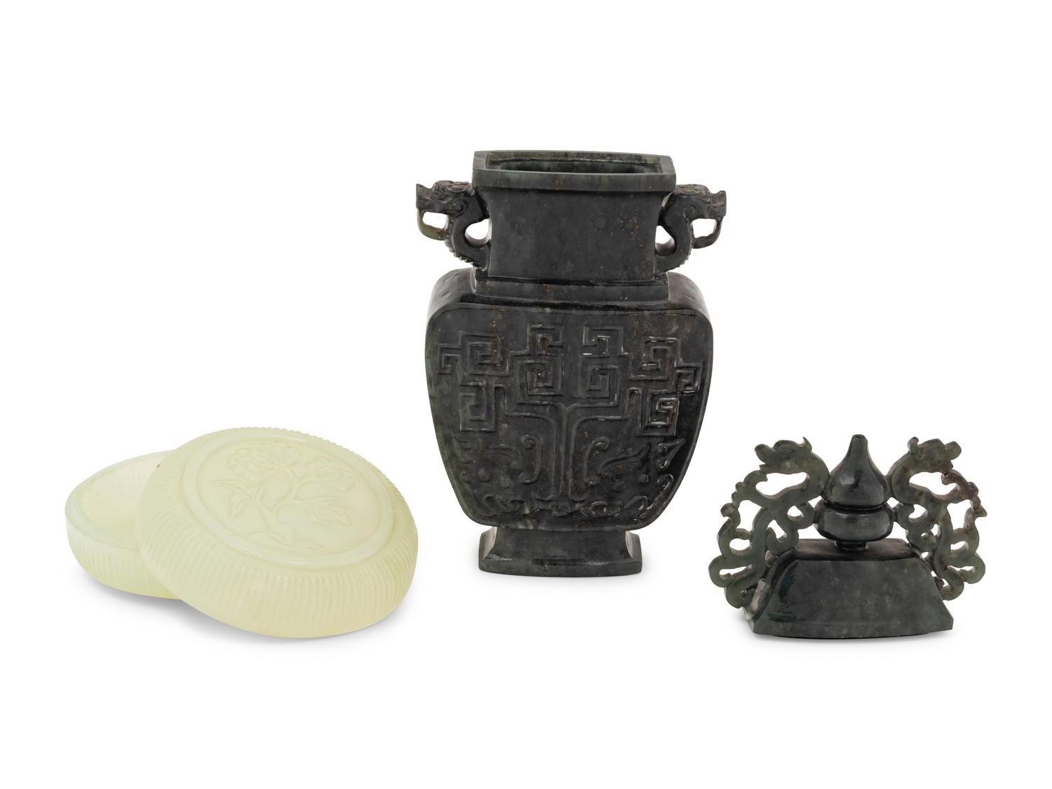 A Small Chinese White Jade Circular Covered Box and A Chinese Dark Spinach Jade Covered Vase