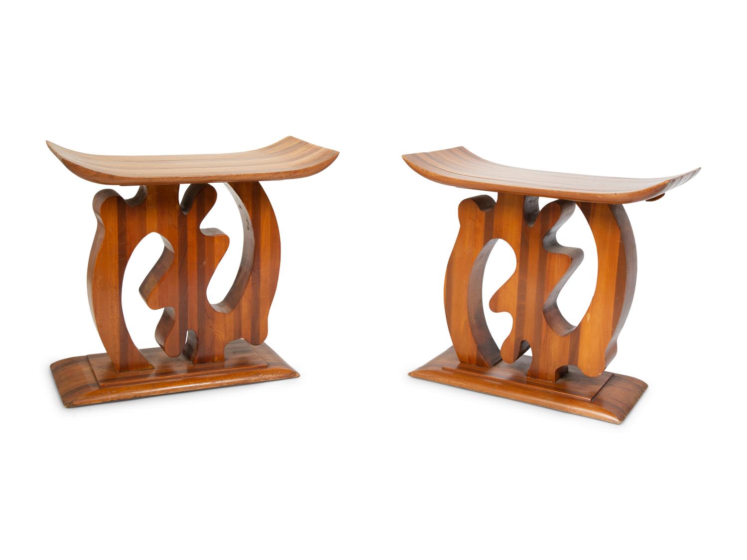 A Pair of Ashanti Style Laminated Wood Stools — 20TH CENTURY