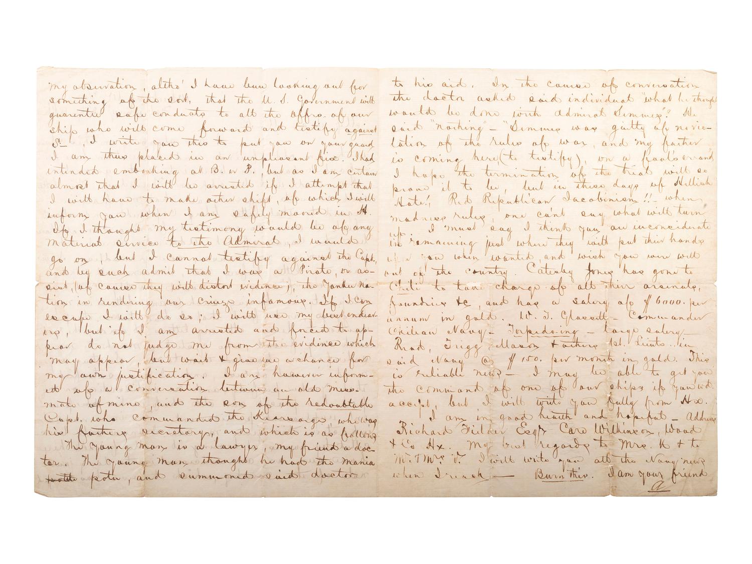 [CIVIL WAR - NAVY]. A group of 2 letters relating to the Kearsarge and Alabama , comprising: