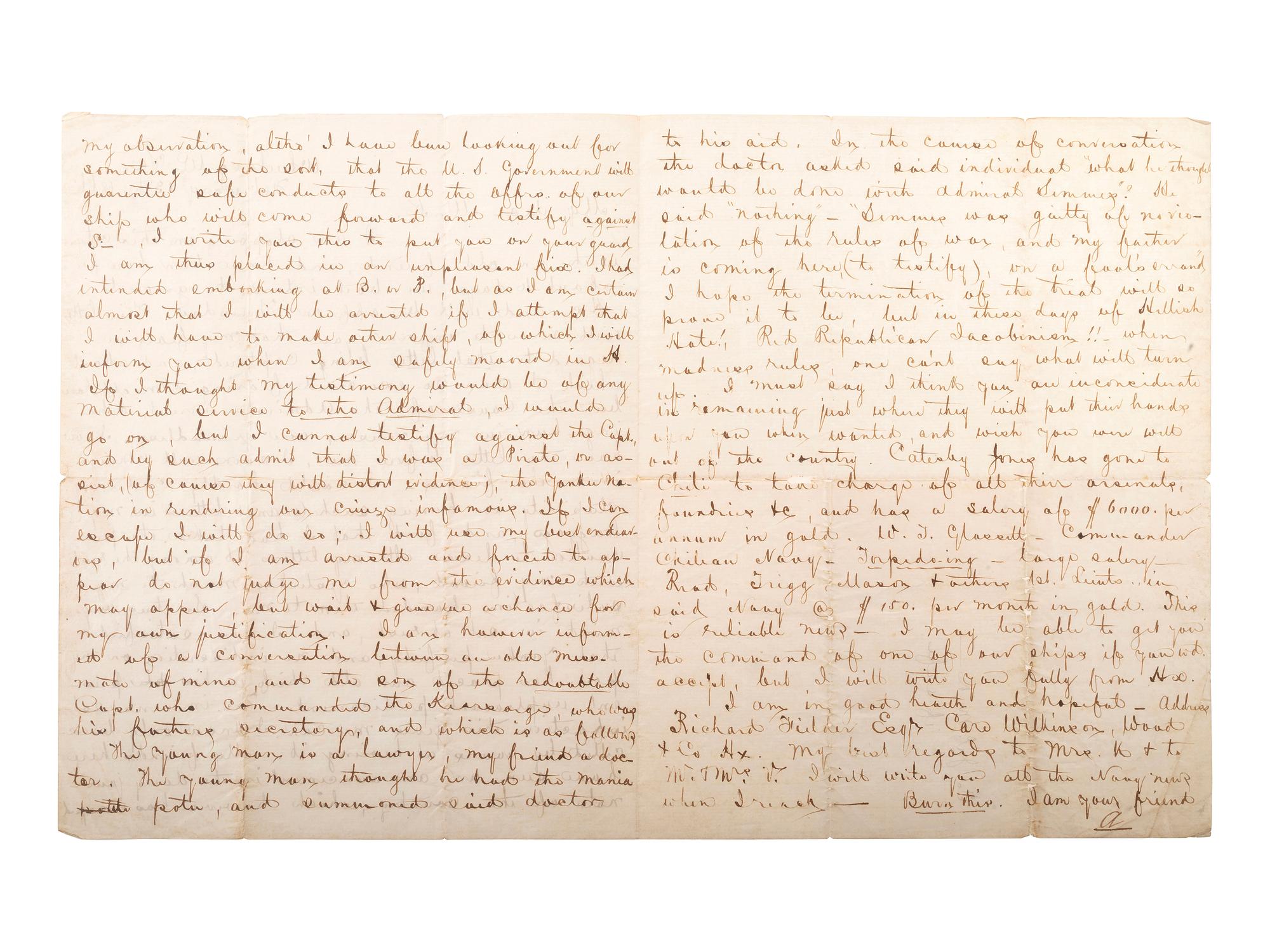 [CIVIL WAR - NAVY]. A group of 2 letters relating to the Kearsarge and Alabama , comprising: