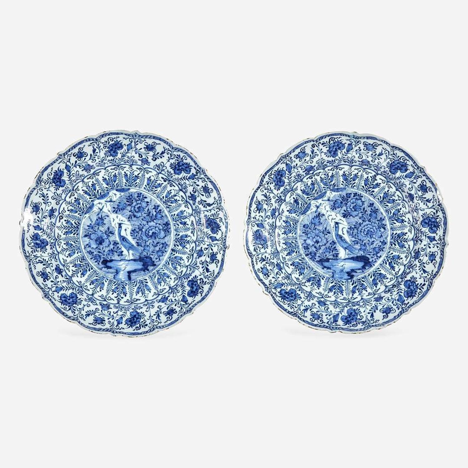 A Pair of Dutch Delft Chargers with Bird and Blossom Motif Early 18th century