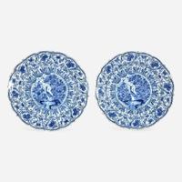 A Pair of Dutch Delft Chargers with Bird and Blossom Motif Early 18th century