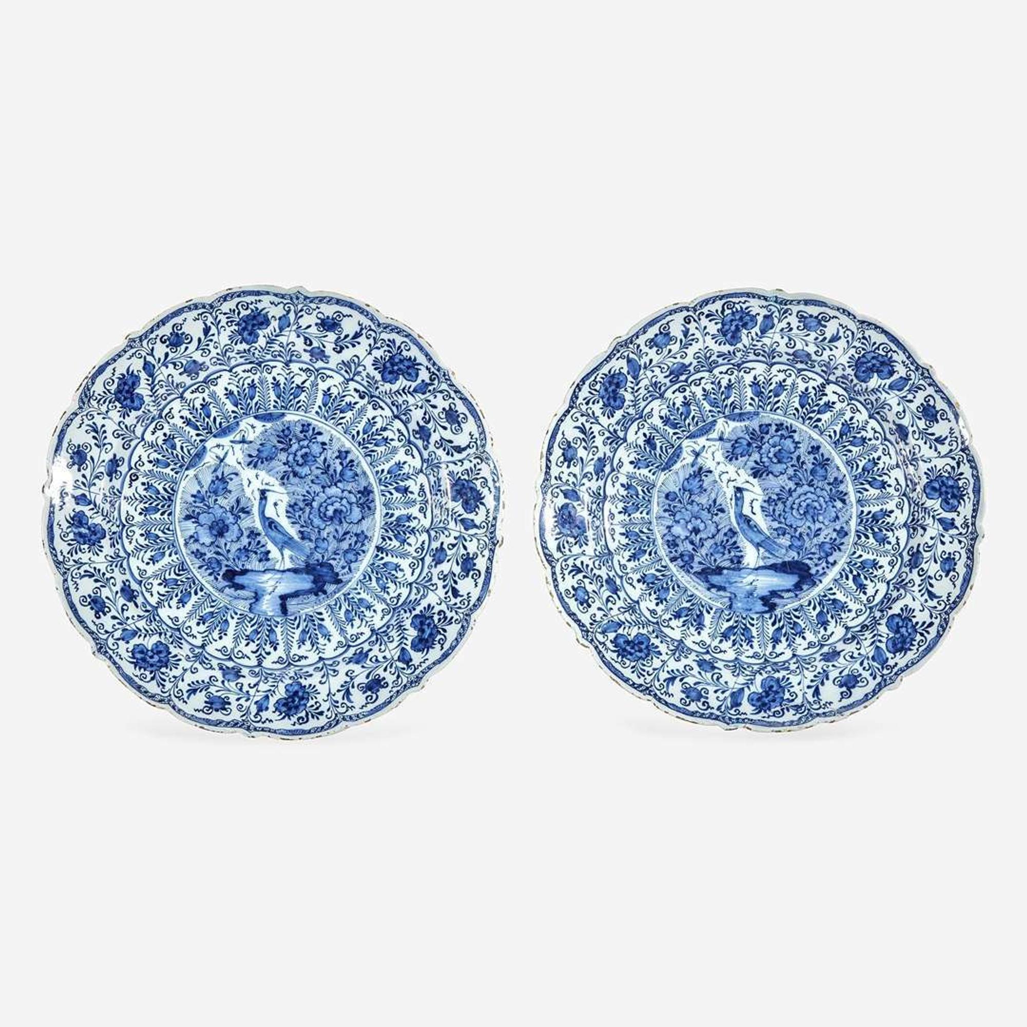 A Pair of Dutch Delft Chargers with Bird and Blossom Motif Early 18th century