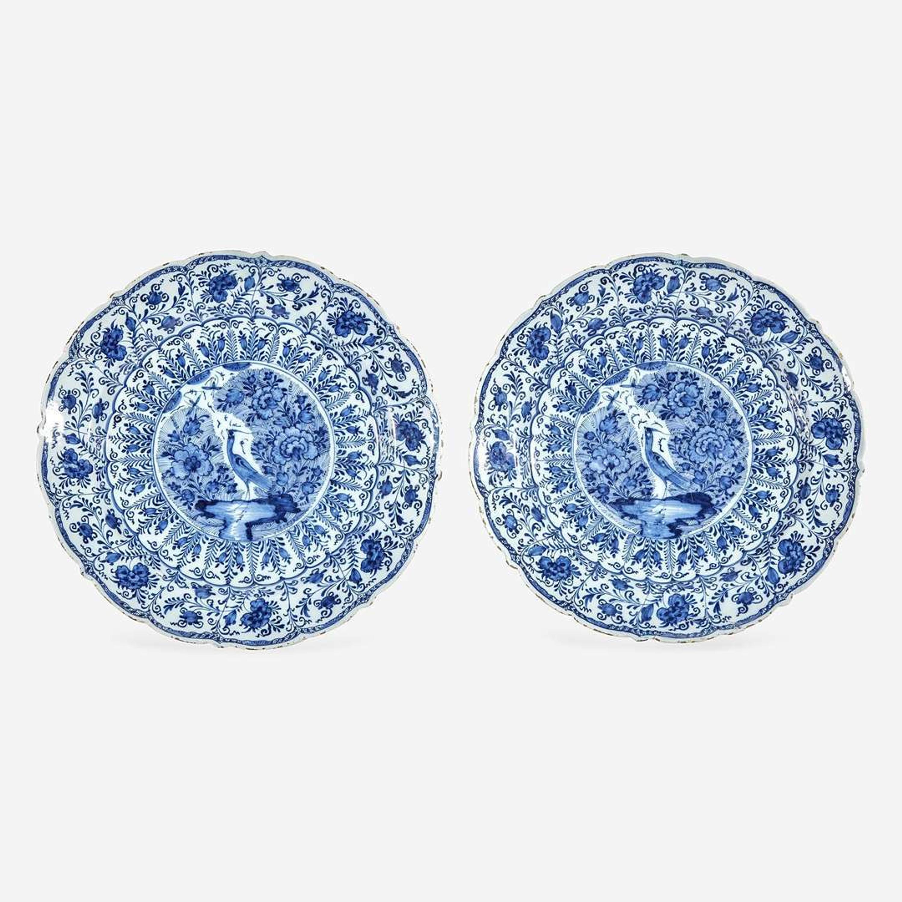 A Pair of Dutch Delft Chargers with Bird and Blossom Motif Early 18th century