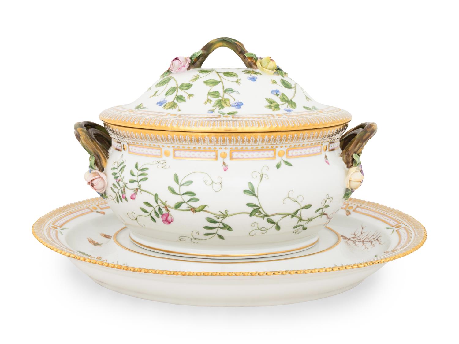 A Royal Copenhagen Flora Danica Porcelain Oval Tureen and Stand