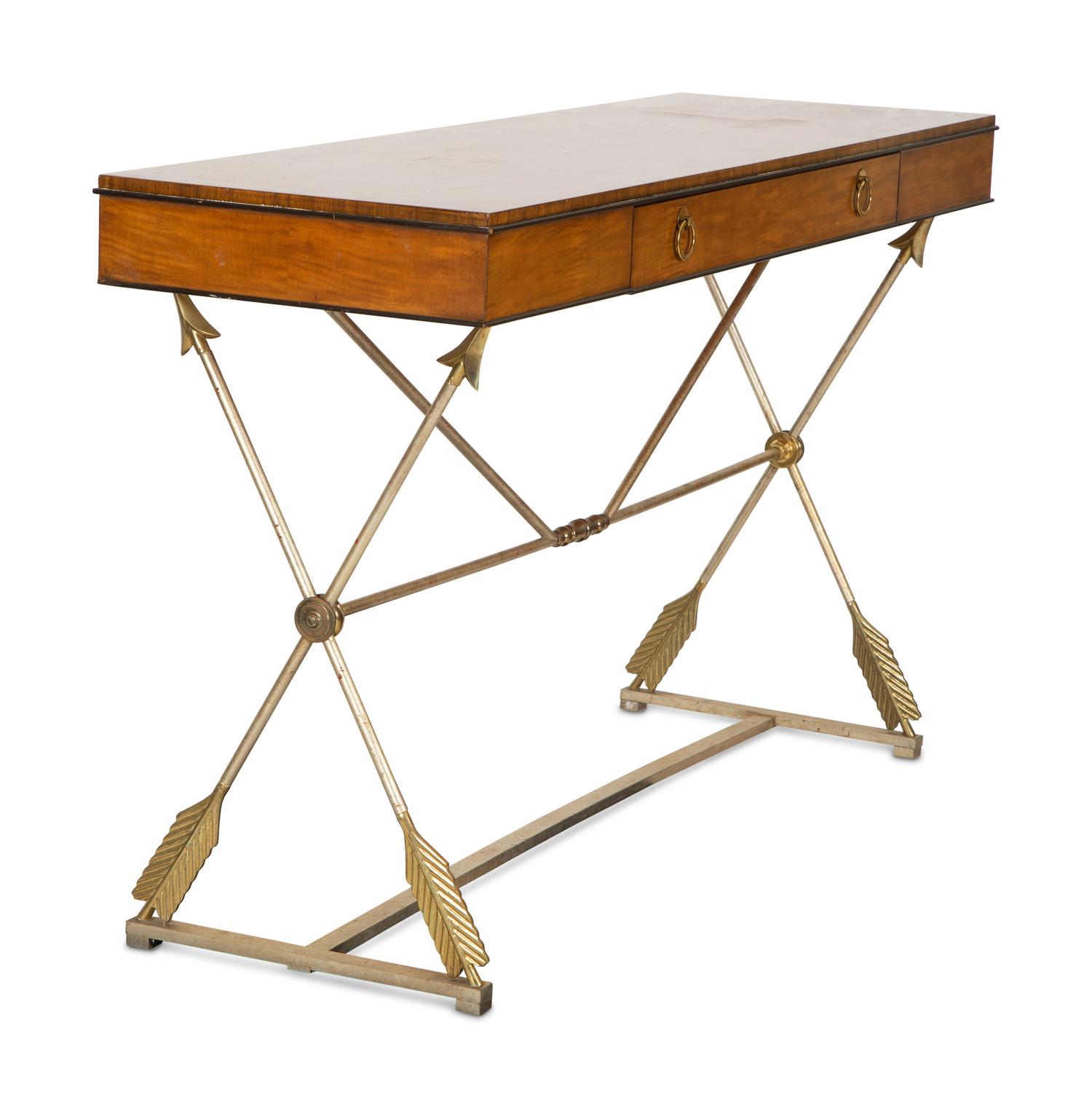 A Neoclasscial Style Crossbanded Walnut and Patinated Metal Console Table — 20TH CENTURY