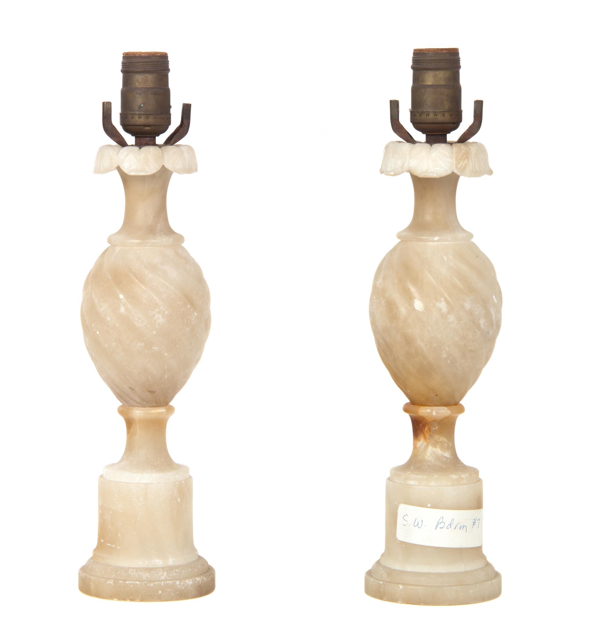 A Pair of Alabaster Table Lamps Height 22 1/2 inches.