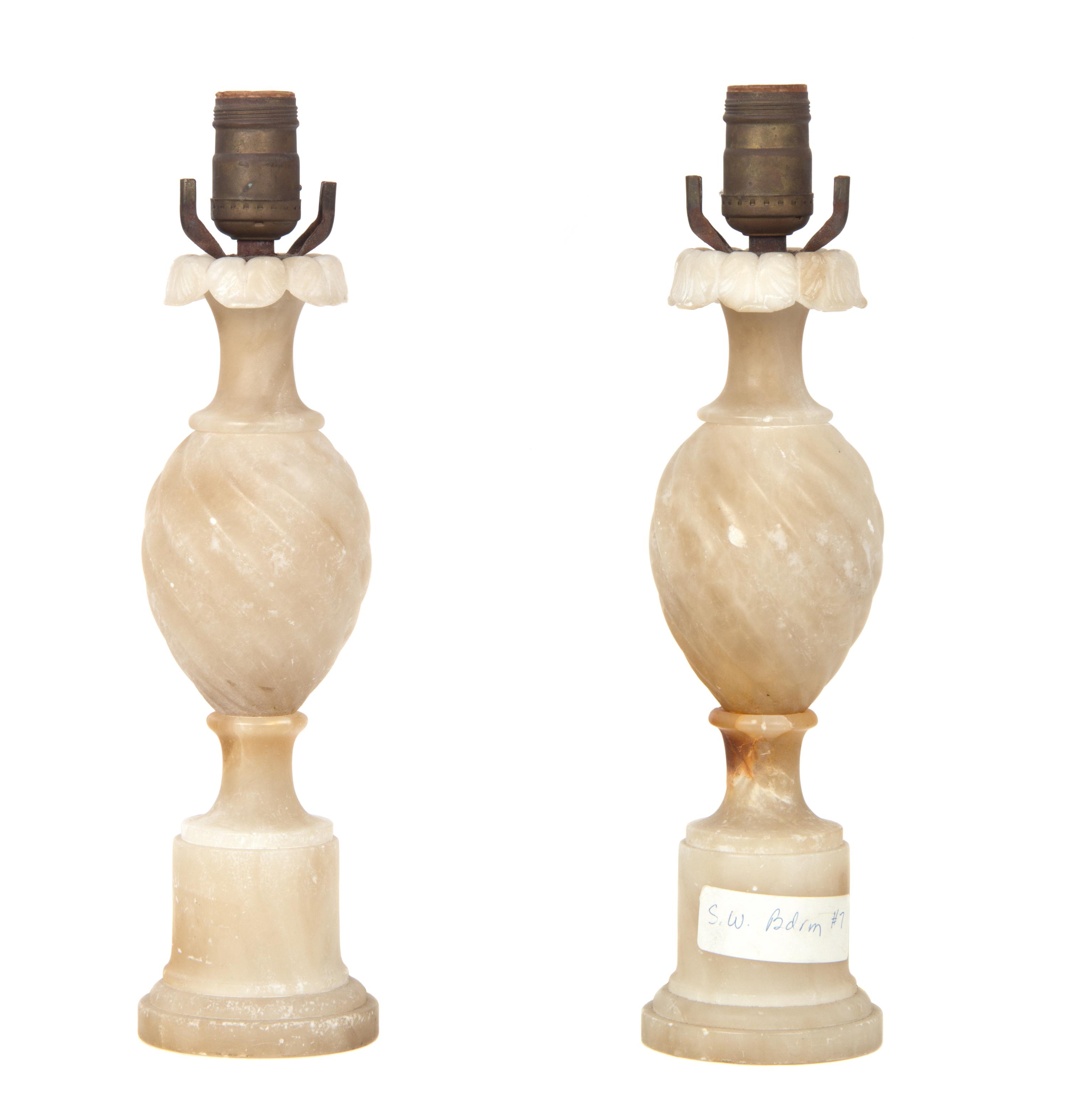 A Pair of Alabaster Table Lamps Height 22 1/2 inches.