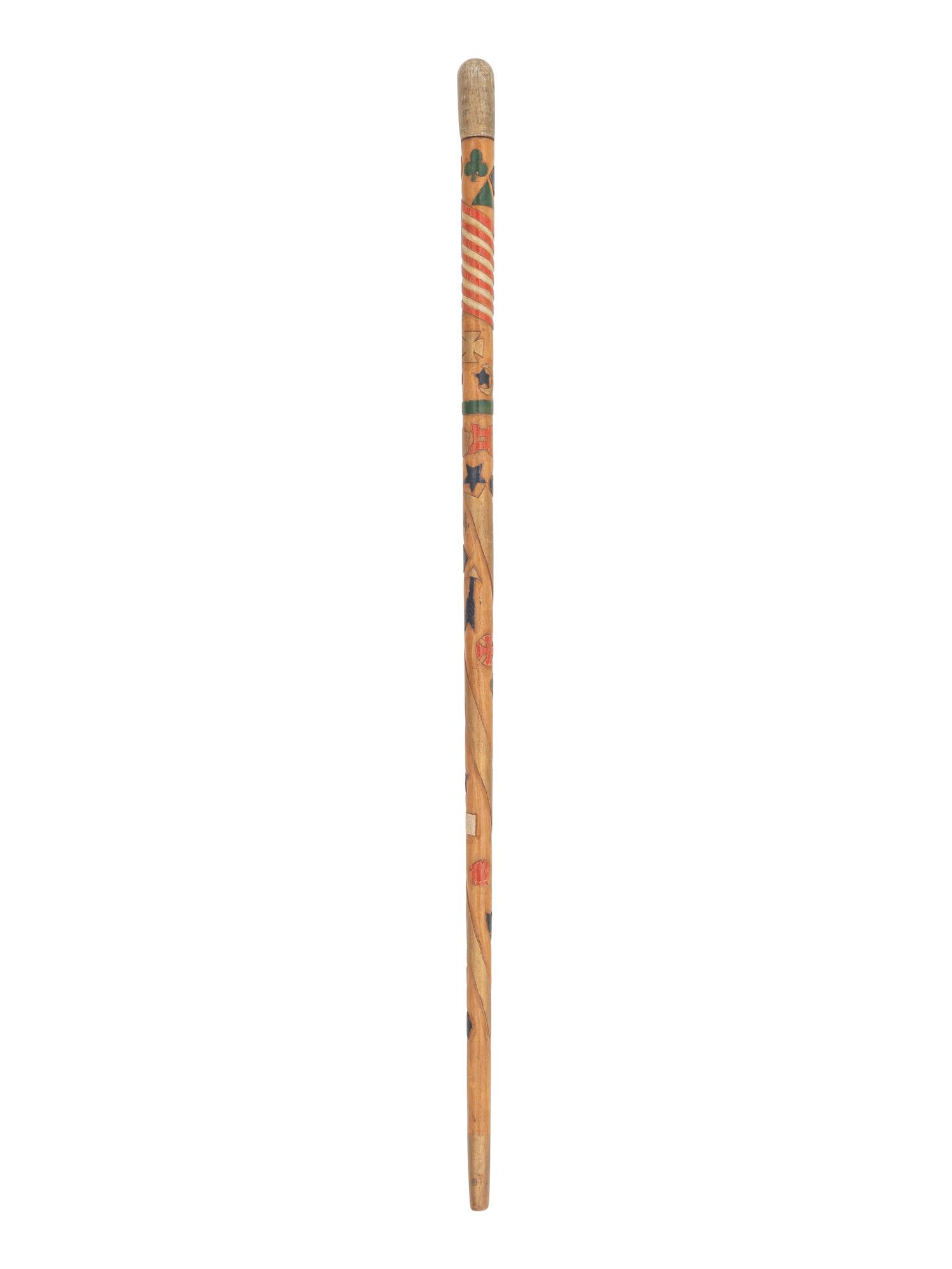 [CIVIL WAR]. Folk-art carved polychrome walking stick with patriotic motifs, incl. Army Corps badges.