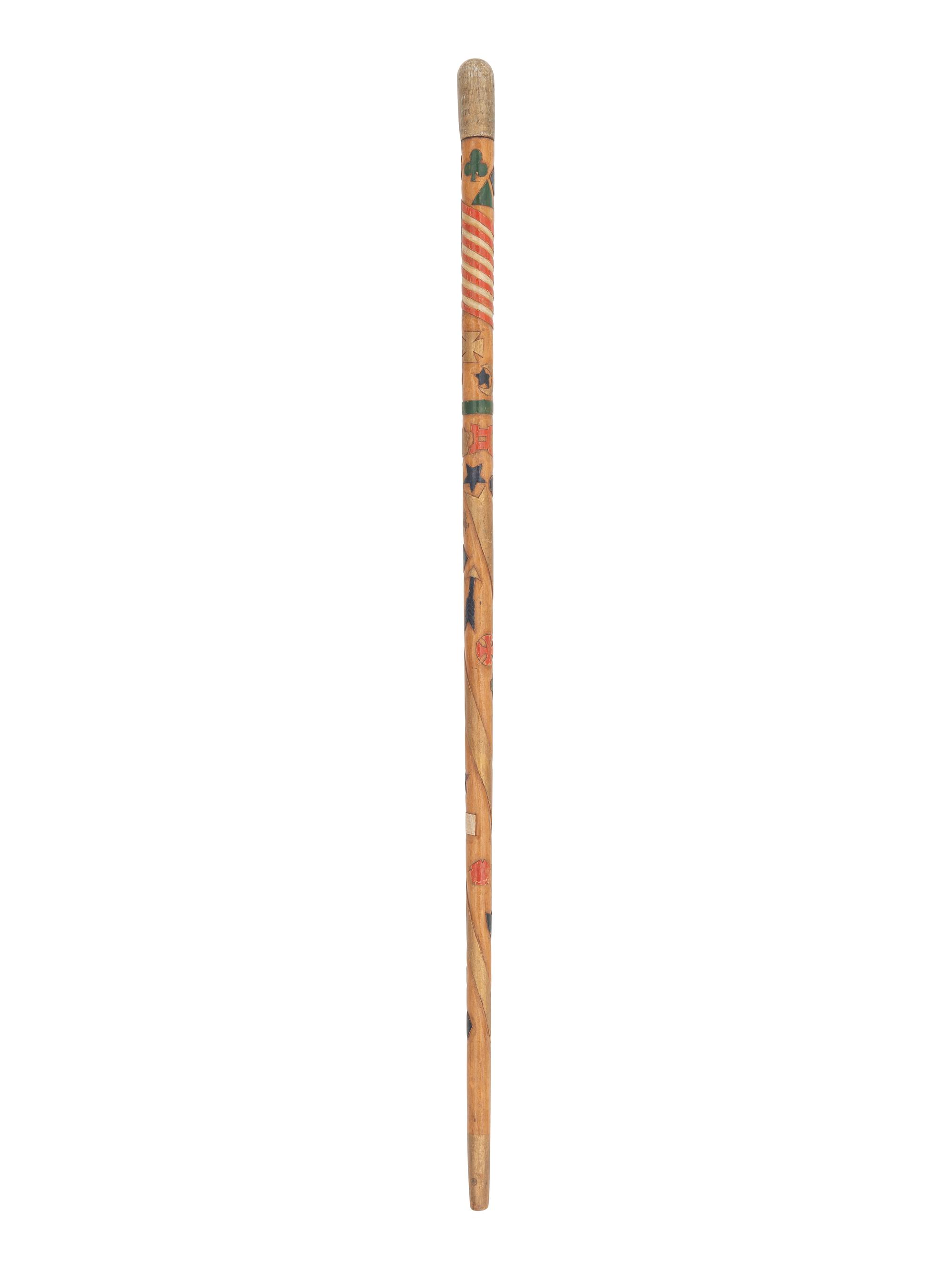 [CIVIL WAR]. Folk-art carved polychrome walking stick with patriotic motifs, incl. Army Corps badges.