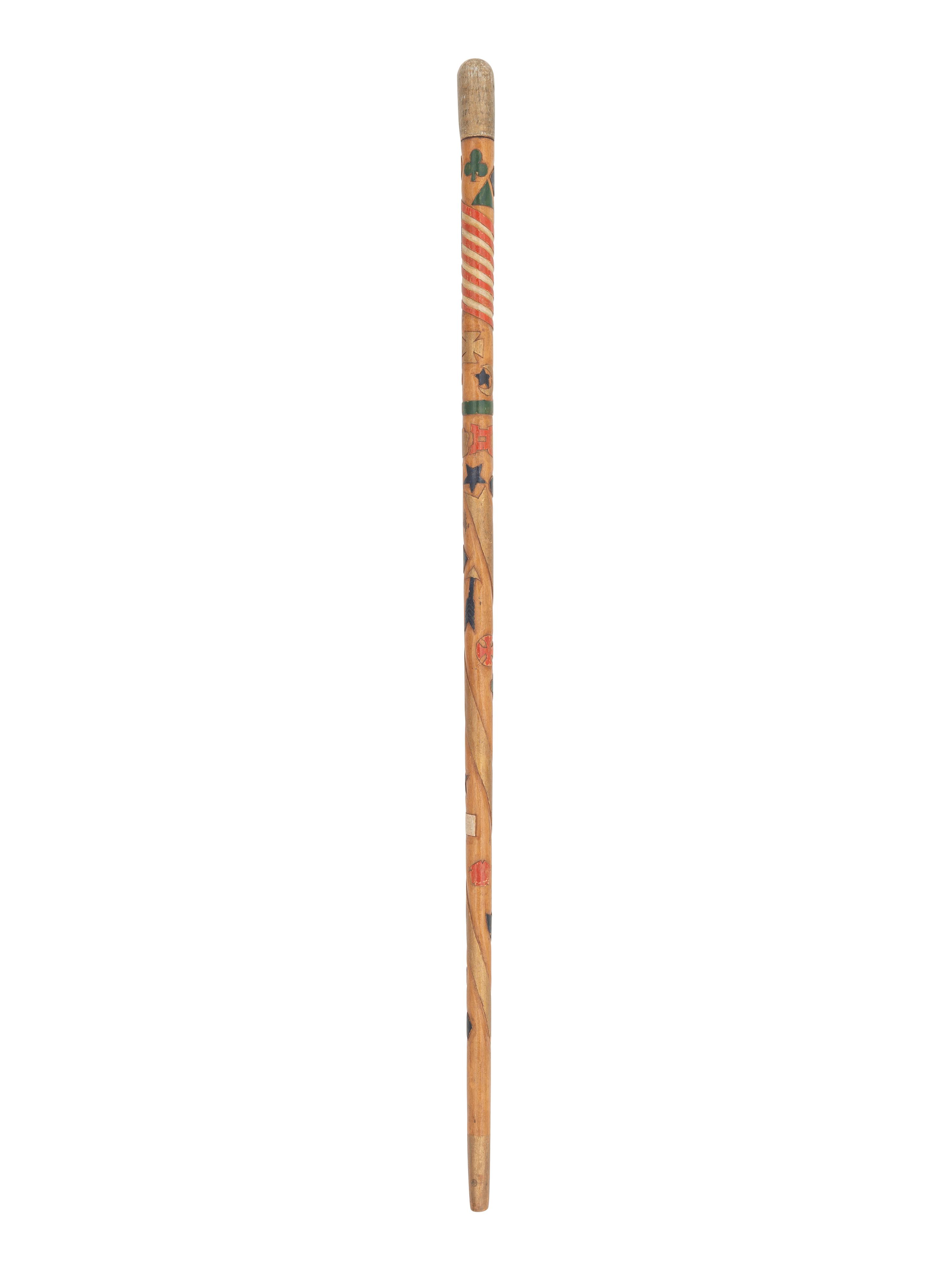 [CIVIL WAR]. Folk-art carved polychrome walking stick with patriotic motifs, incl. Army Corps badges.