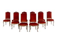A Set of Ten Louis XV Style Painted Oak Dining Chairs with Velvet Upholstery