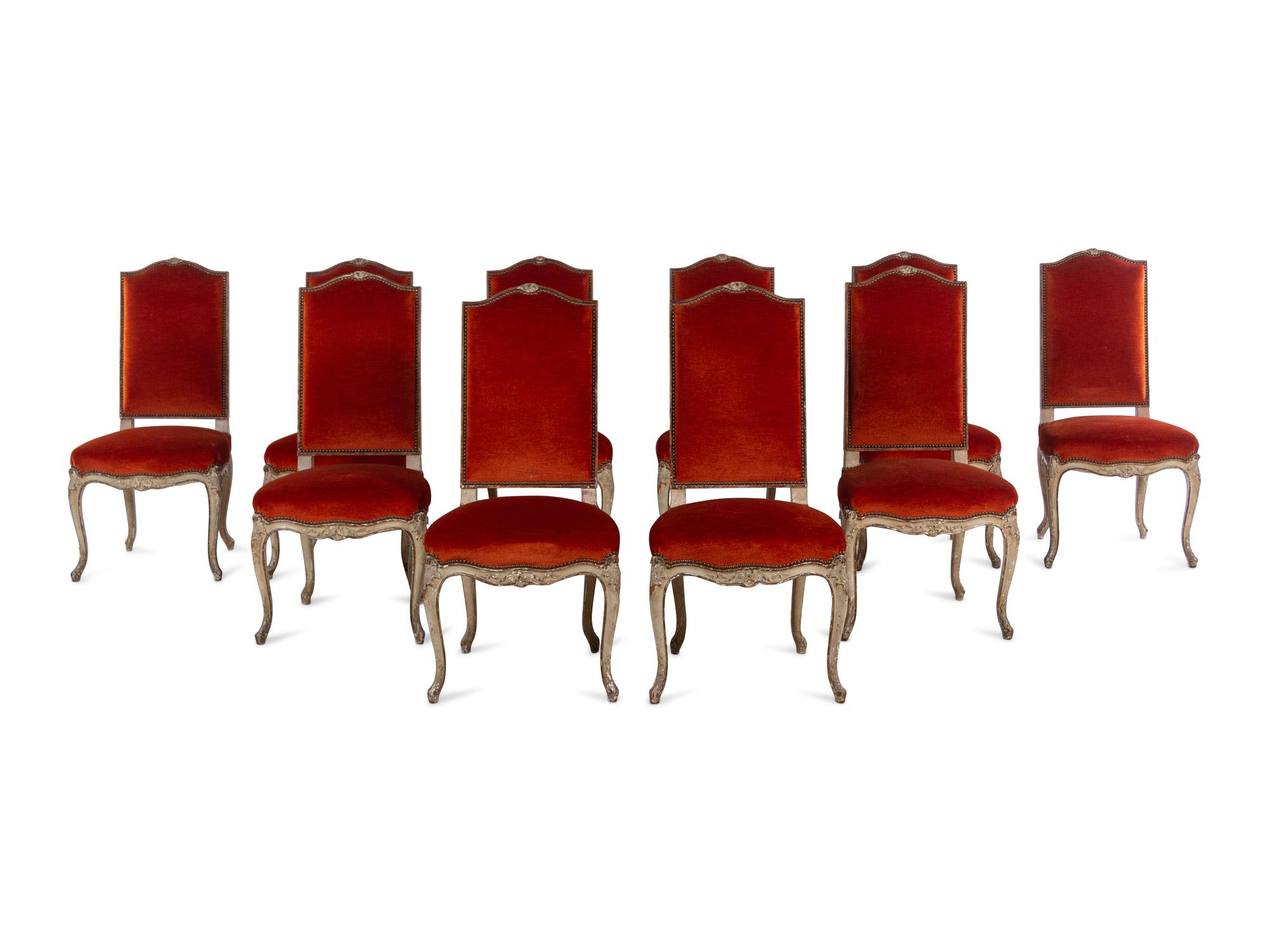 A Set of Ten Louis XV Style Painted Oak Dining Chairs with Velvet Upholstery