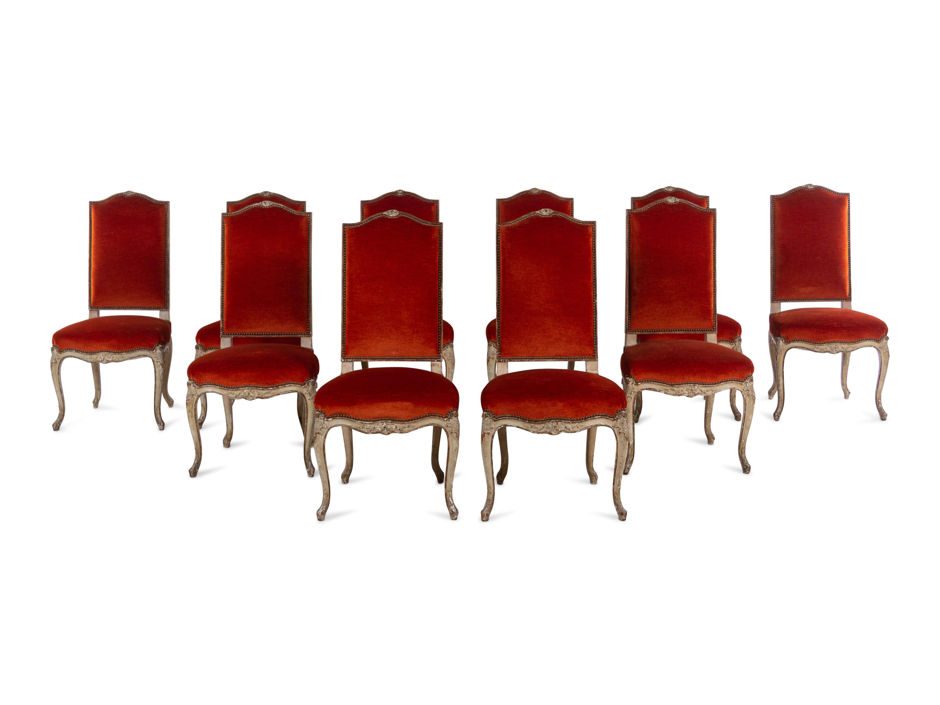 A Set of Ten Louis XV Style Painted Oak Dining Chairs with Velvet Upholstery