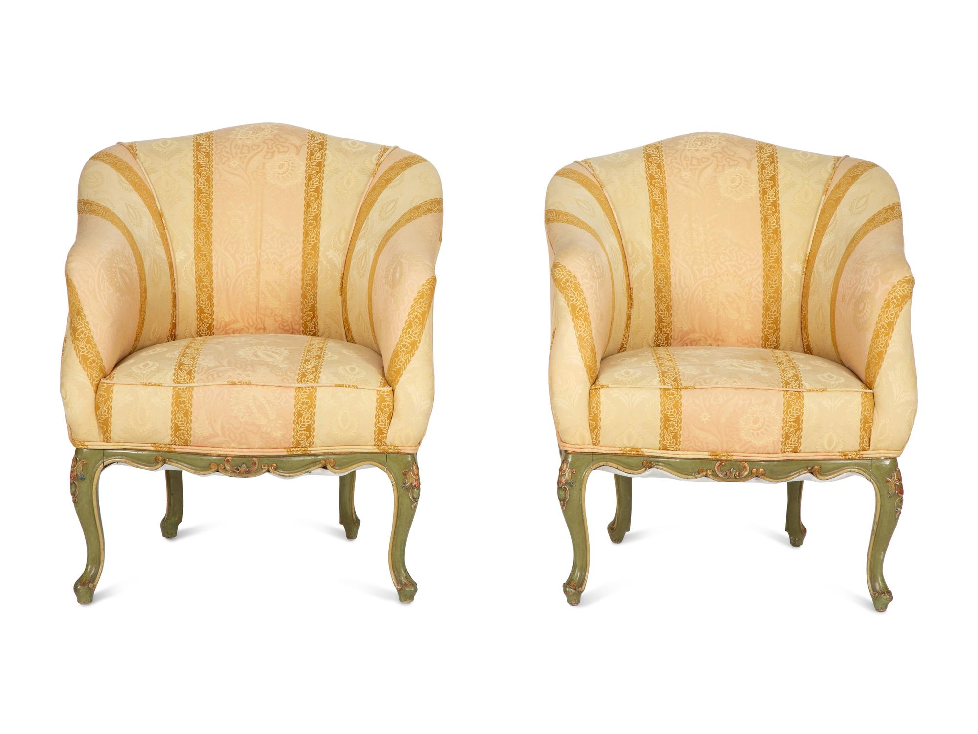 A Pair of Louis XV Style Painted Cove Back Chairs with Scalamandré Silk Damask Upholstery