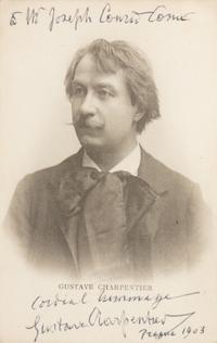 CHARPENTIER, Gustave (1860-1956). Photographic card, signed (“Gustave Charpentier”) and inscribed to M. Joseph Conrad Comé?, Prague, 1903.