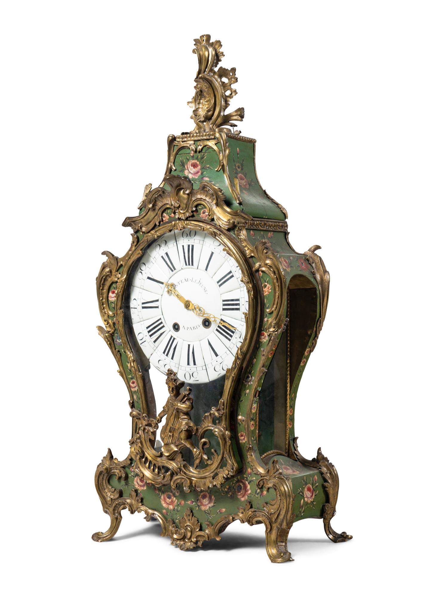 A Louis XV Gilt Bronze Mounted Painted Clock and Bracket