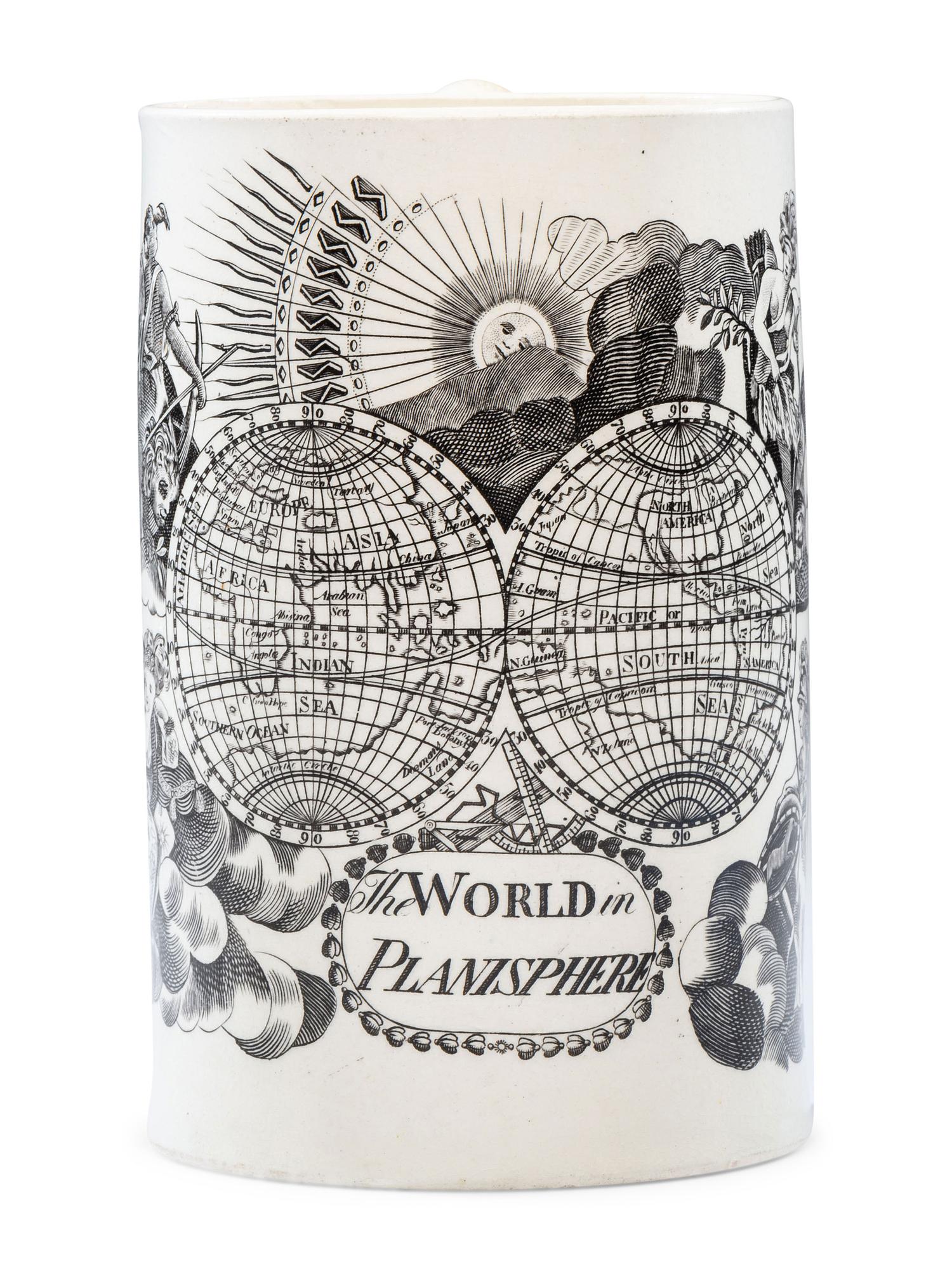 A Liverpool Transfer-Printed Creamware 'World in Planisphere' Mug