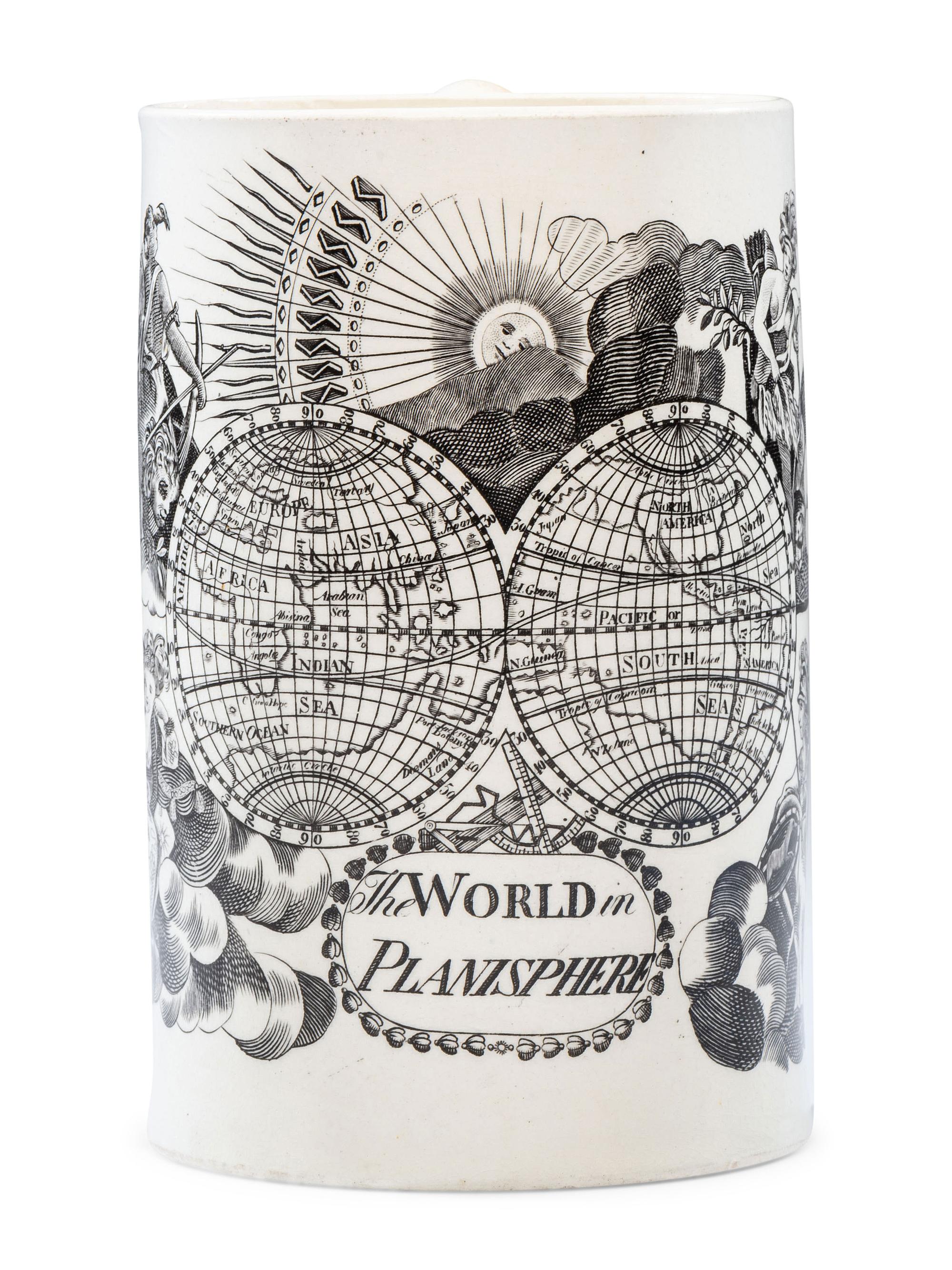 A Liverpool Transfer-Printed Creamware 'World in Planisphere' Mug