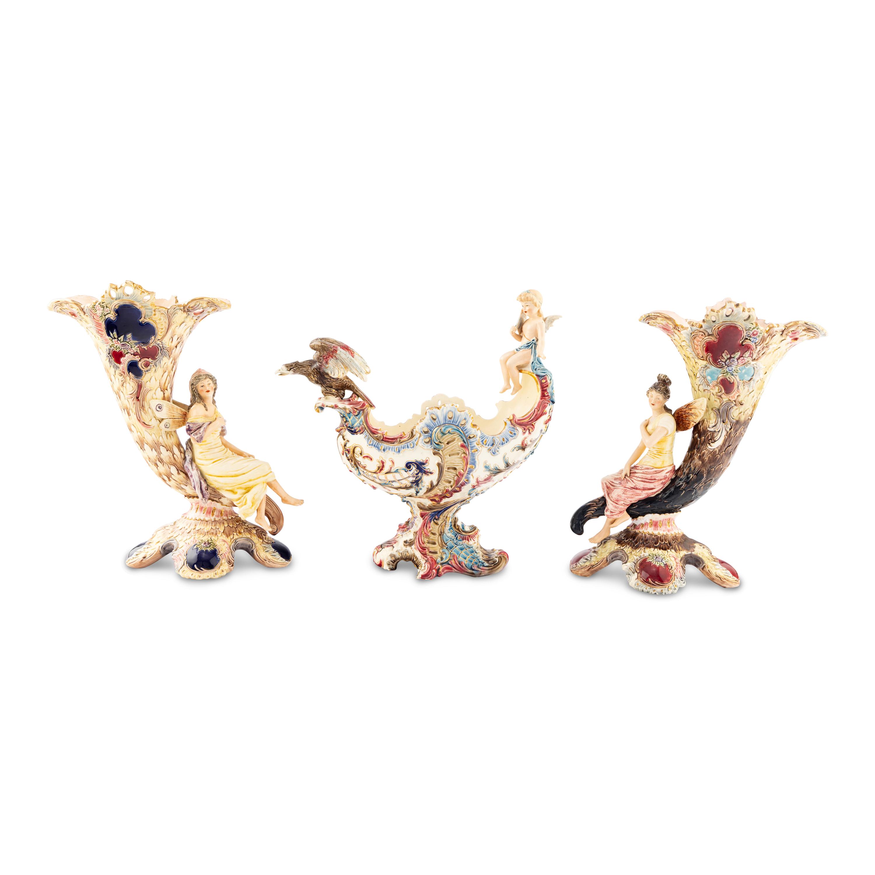 An Assembled Eichwald Polychrome-Glazed Earthenware Vase Garniture