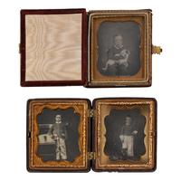 [Early Photography] Sixth plate daguerreotypes of young boys posed with their dogs