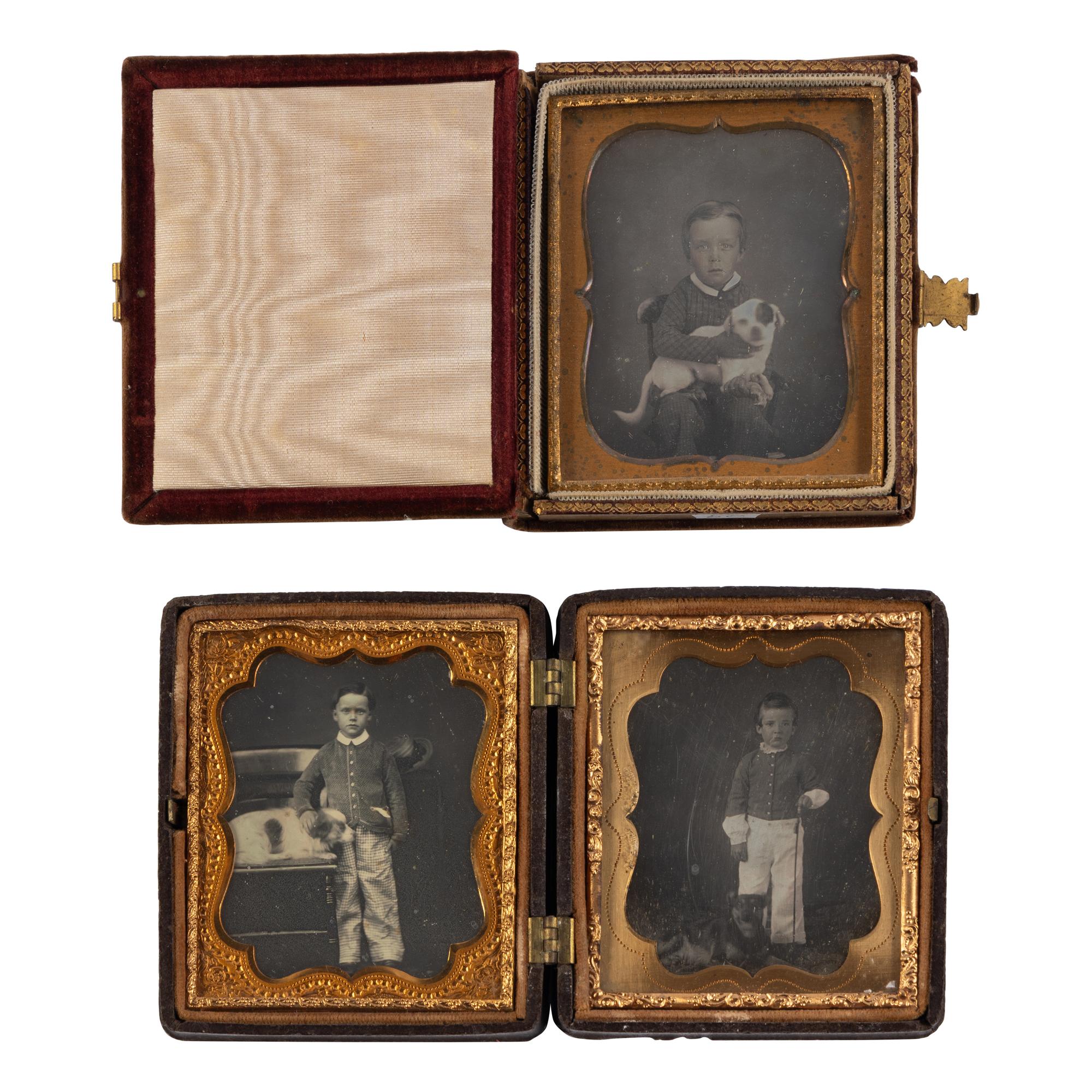 [Early Photography] Sixth plate daguerreotypes of young boys posed with their dogs