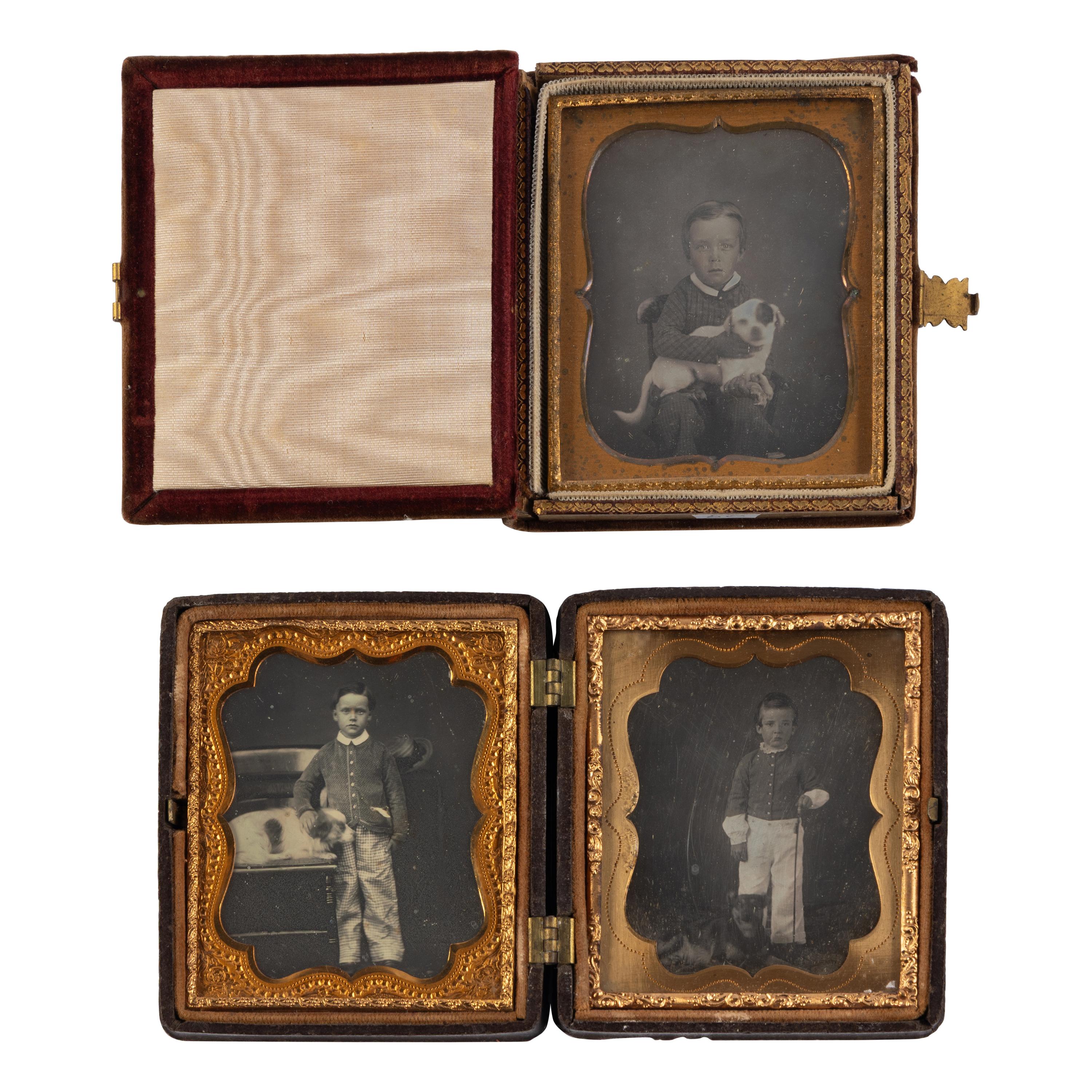 [Early Photography] Sixth plate daguerreotypes of young boys posed with their dogs