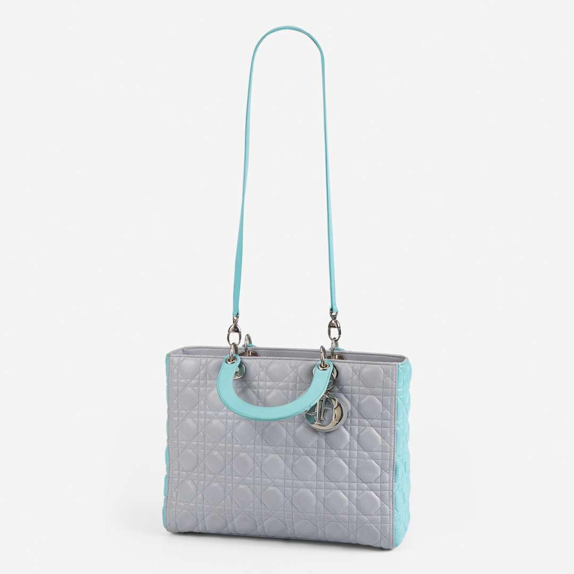 A Dior Lady Dior GM in Aqua and Gray Dior