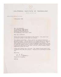 FEYNMAN, Richard P. (1918-1988). Typed letter signed ("R. P. Feynman"), to Mr. Jay Rothstein. Pasadena, California, 5 December 1966.