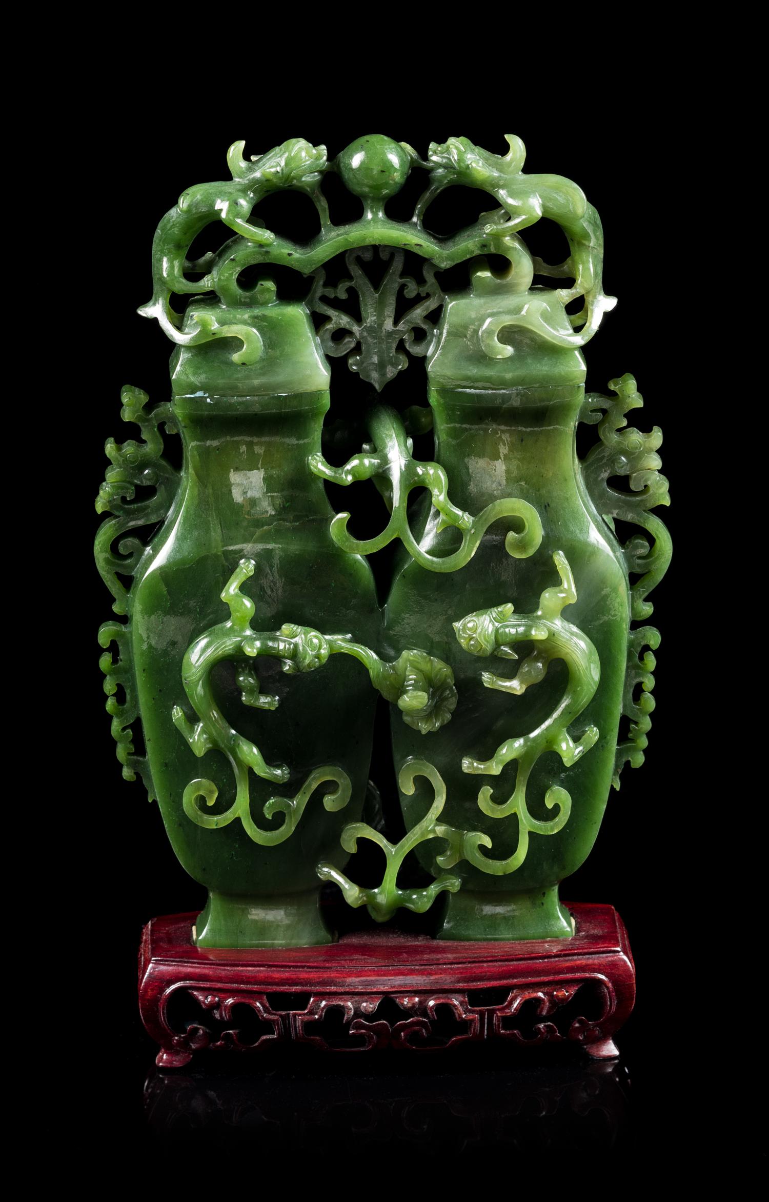 A Spinach Jade Double Vase Height 8 1/2 inches. — 20TH CENTURY
