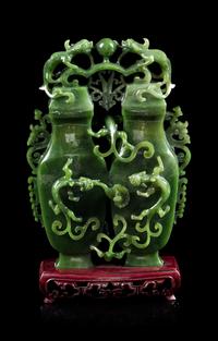 A Spinach Jade Double Vase Height 8 1/2 inches. — 20TH CENTURY