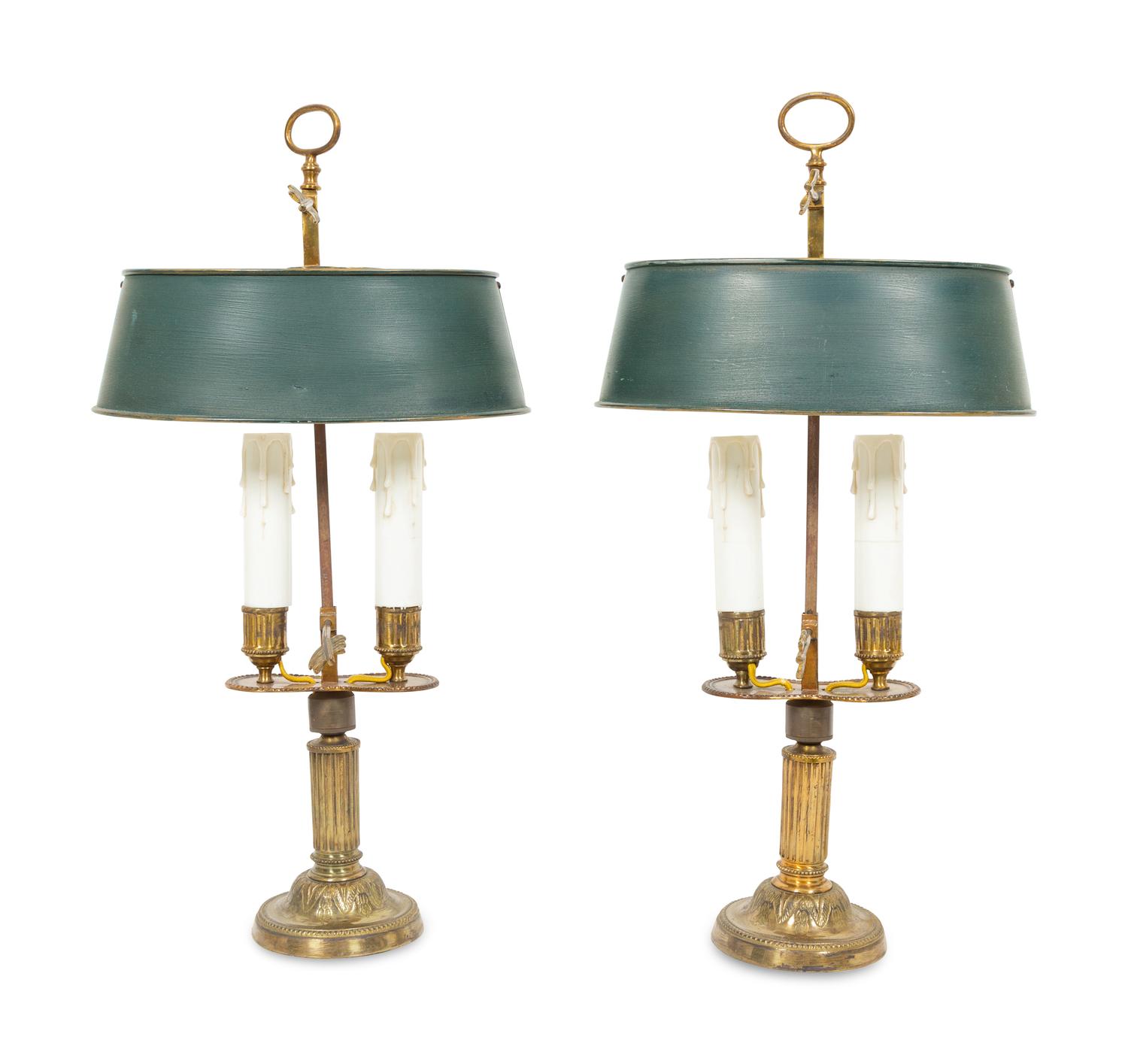 A Pair of French Gilt Metal Bouillotte Lamps with Green Tôle Peinte Shades