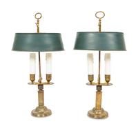 A Pair of French Gilt Metal Bouillotte Lamps with Green Tôle Peinte Shades