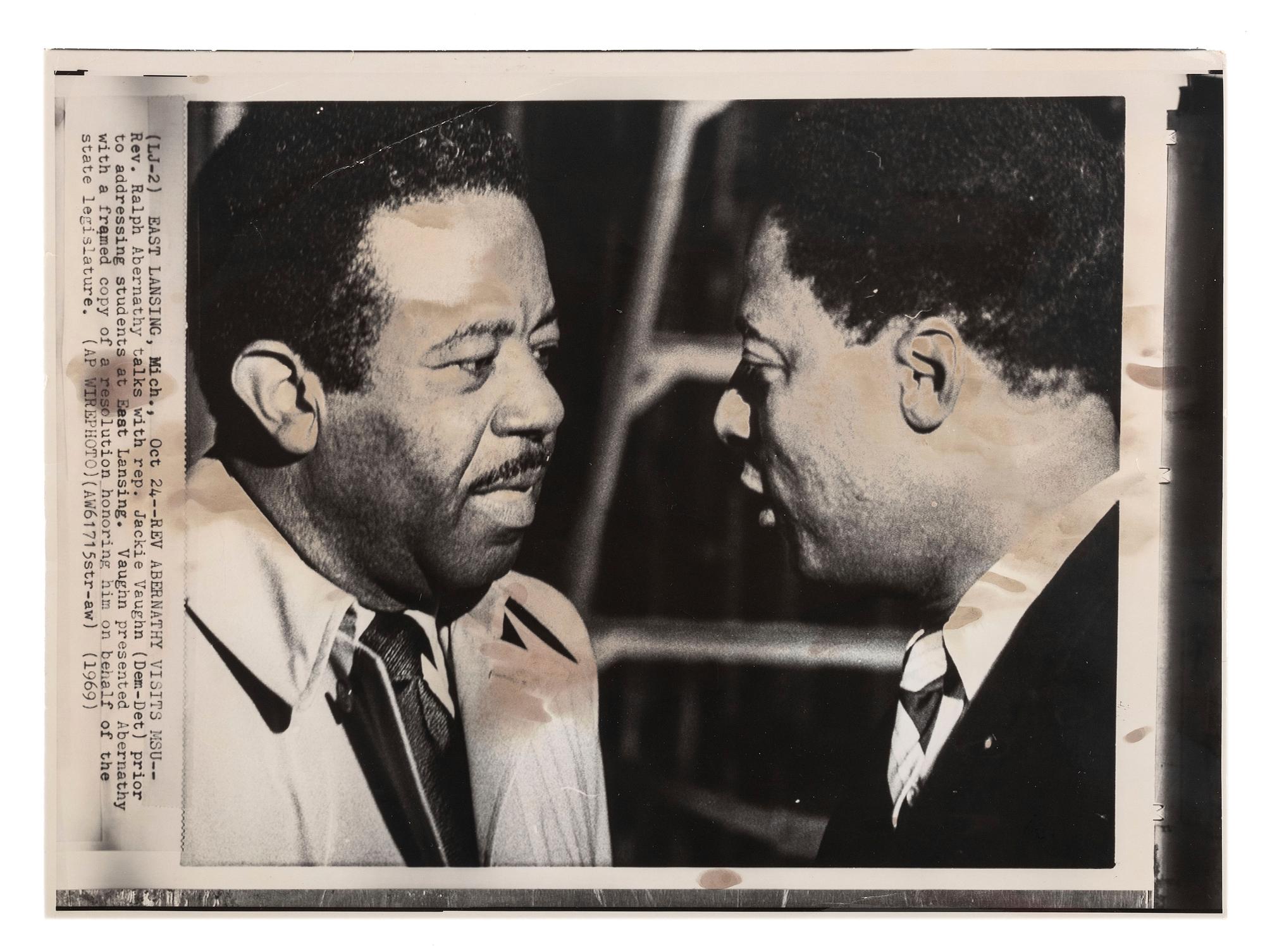 [CIVIL RIGHTS]. A group of 2 press photographs of Jackie Vaughn III and Ralph Abernathy, incl. Vaughn picketing at a July 1965 civil rights march in Chicago.