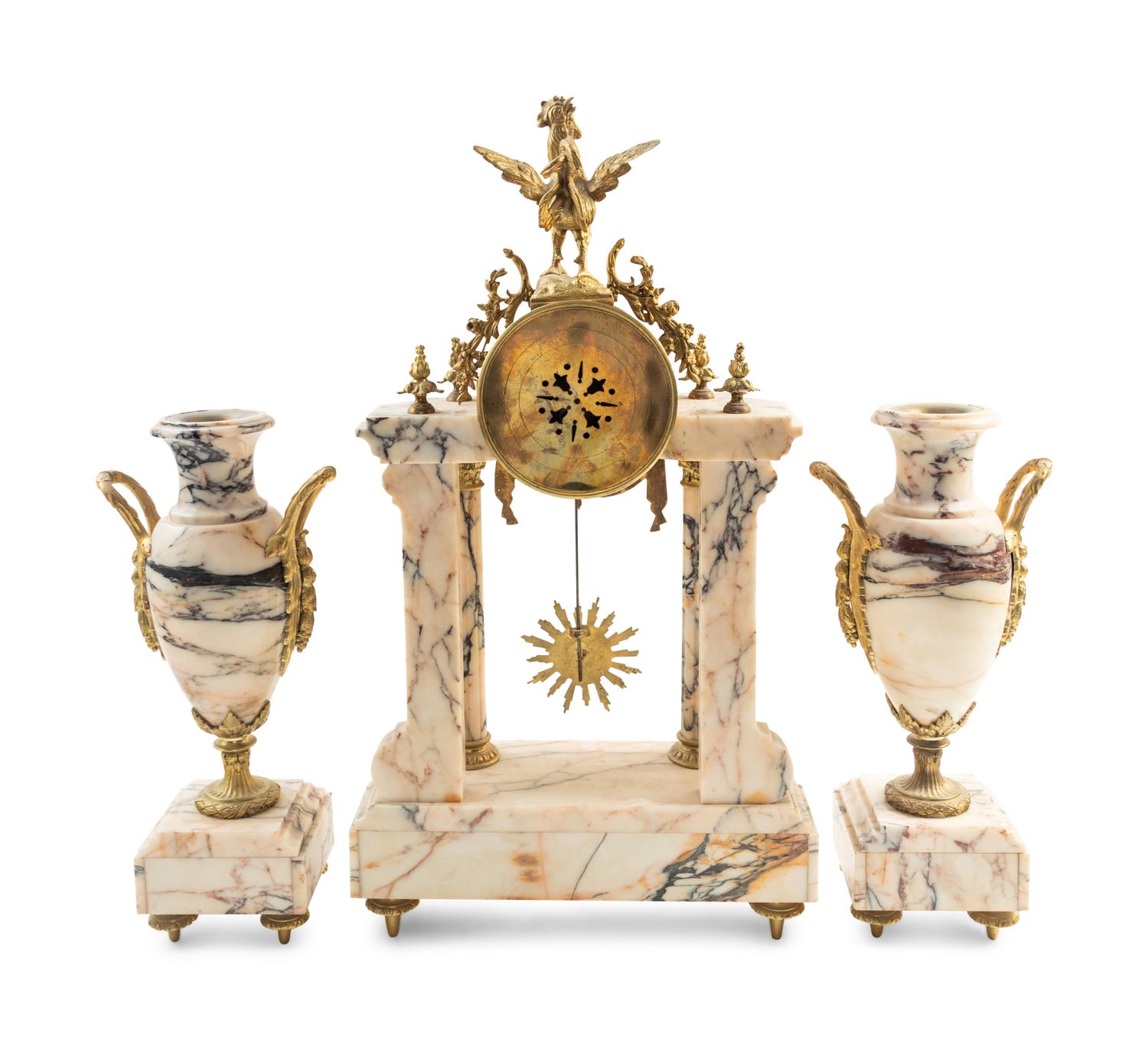 A French Gilt Bronze and Marble Three-Piece Clock Garniture