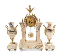 A French Gilt Bronze and Marble Three-Piece Clock Garniture