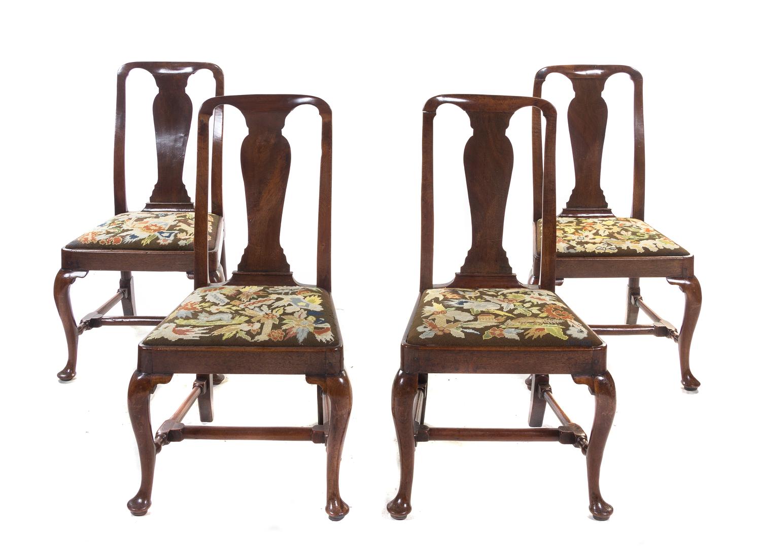 A Set of Four Queen Anne Walnut Side Chairs, 18TH CENTURY, Height 39 1/4 inches. — 18TH CENTURY,