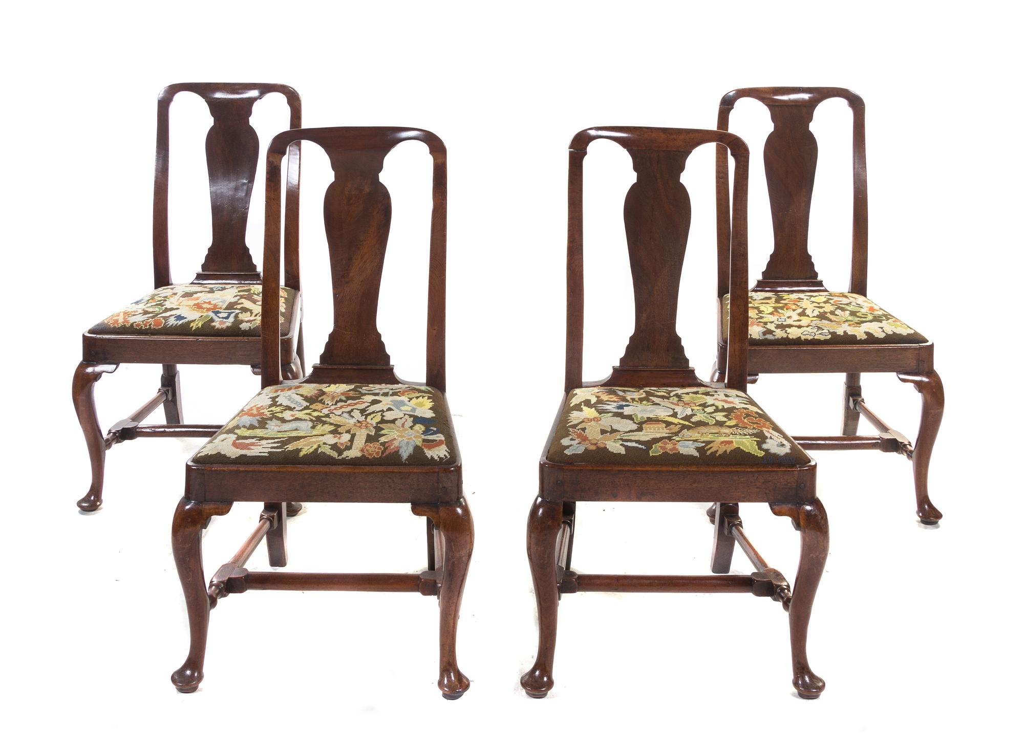 A Set of Four Queen Anne Walnut Side Chairs, 18TH CENTURY, Height 39 1/4 inches. — 18TH CENTURY,