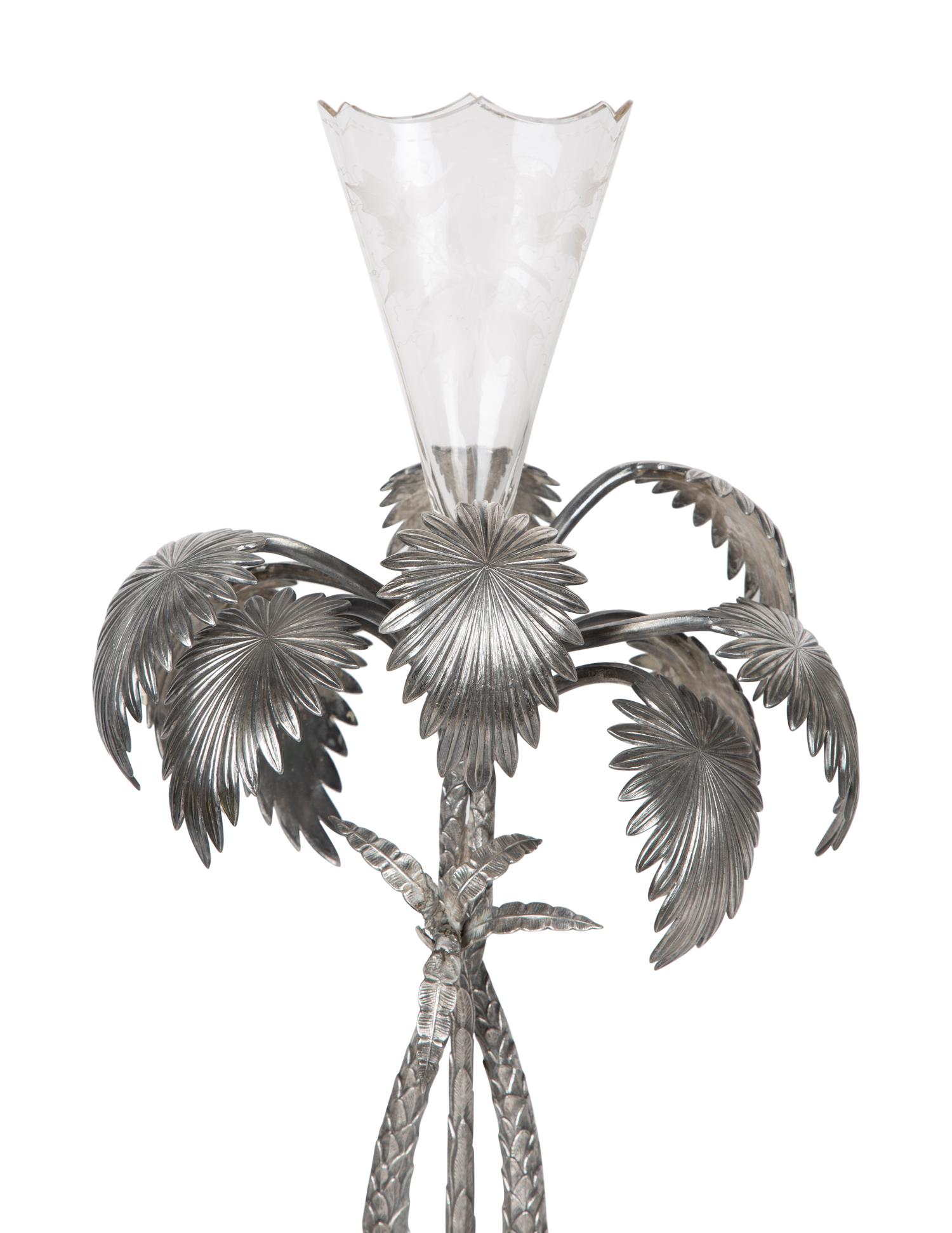Pair of French Palm Tree-Form Silvered Bronze and Glass Centerpieces — 20TH CENTURY