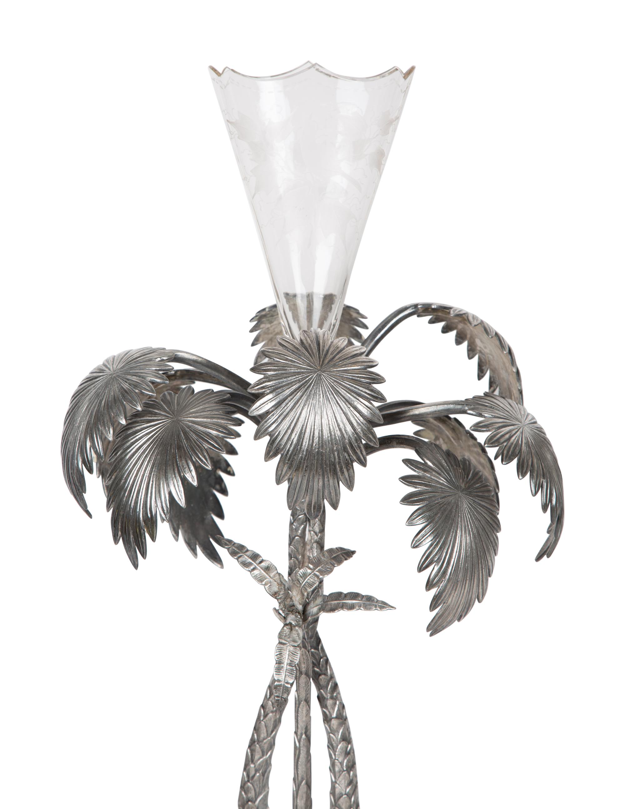 Pair of French Palm Tree-Form Silvered Bronze and Glass Centerpieces — 20TH CENTURY